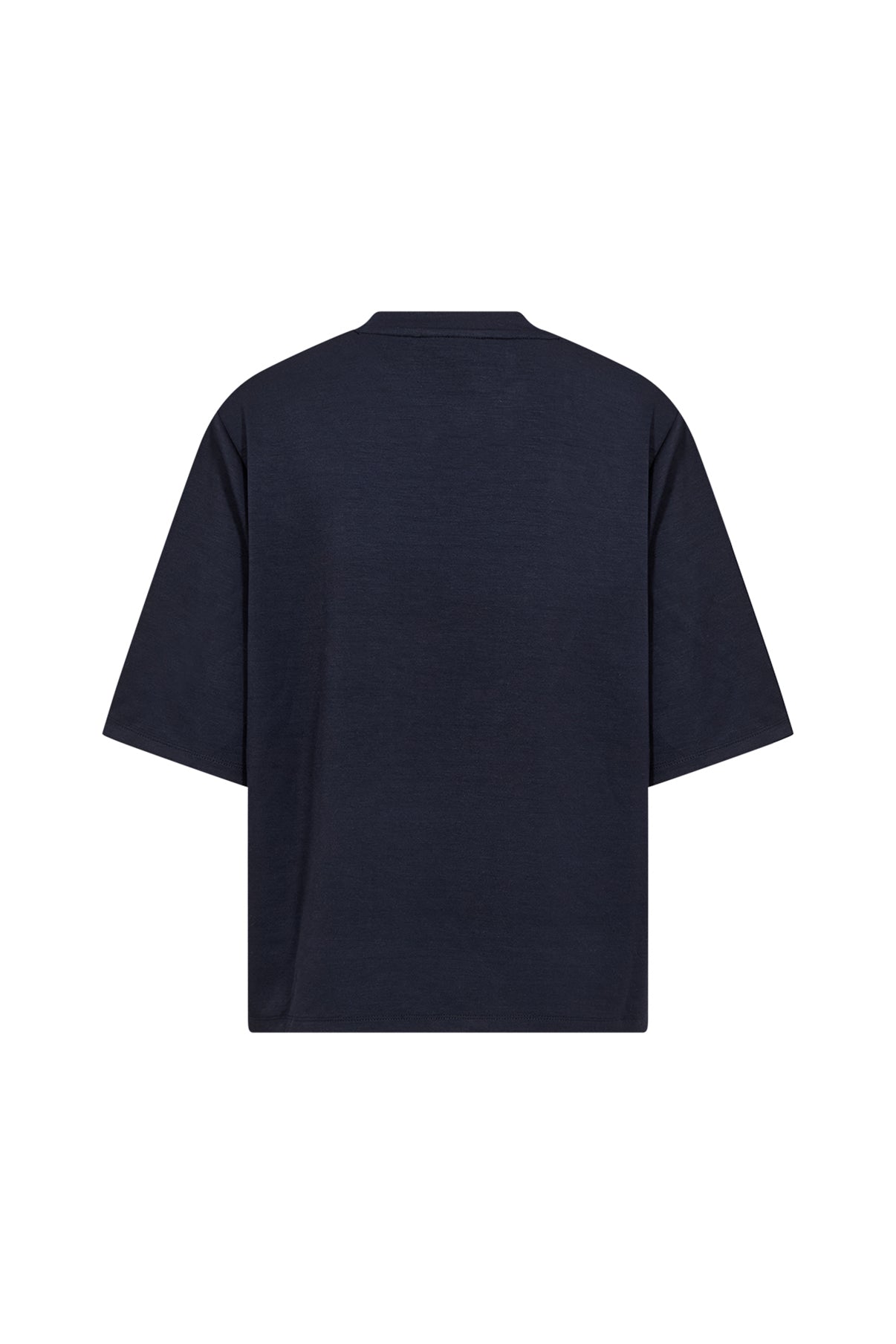 Mørkeblå t-shirt med korte ærmer og rund hals i blød kvalitet set bagfra.