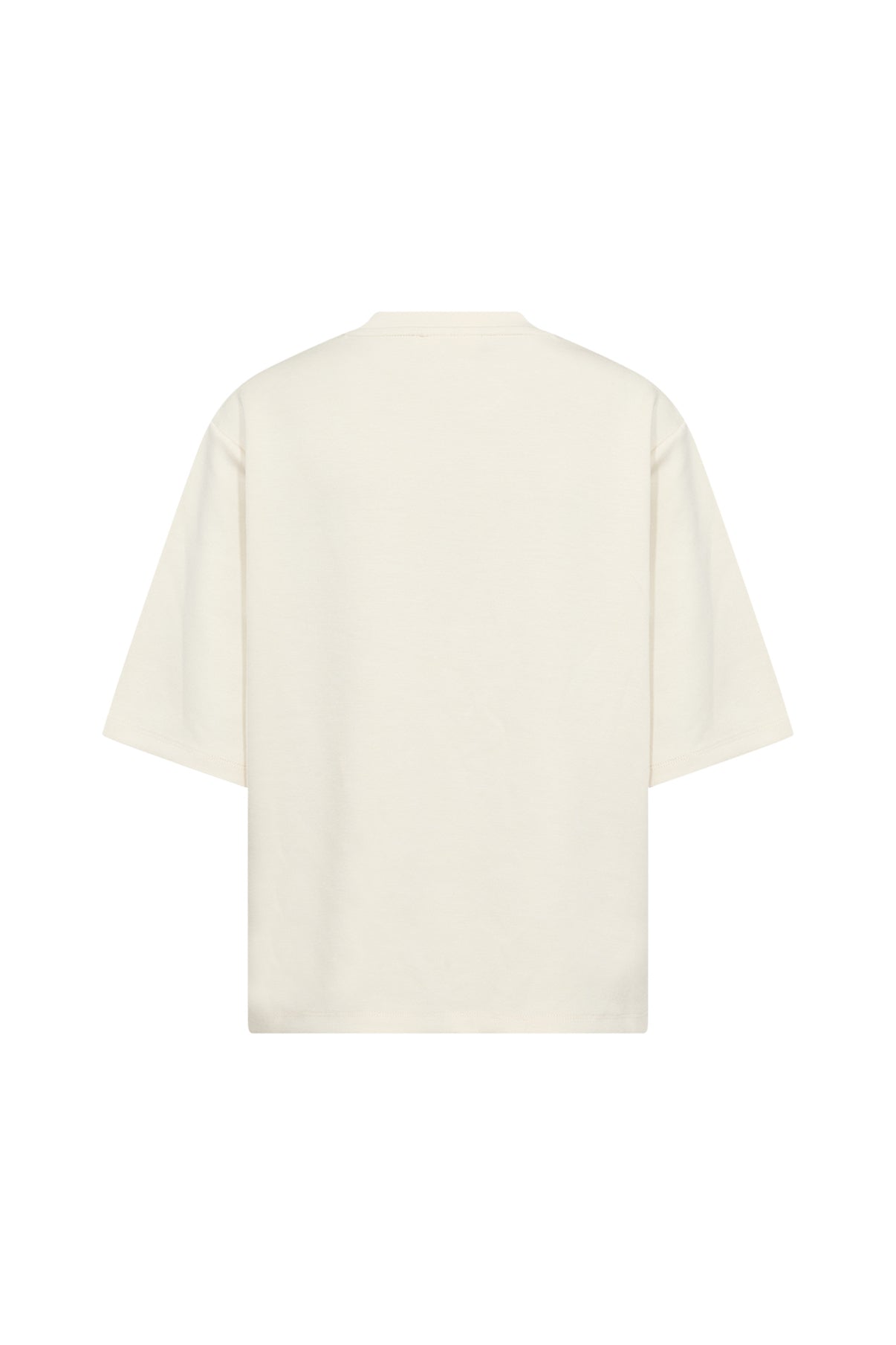 Hvid T-shirt med korte ærmer og rund hals i blød kvalitet set bagfra.