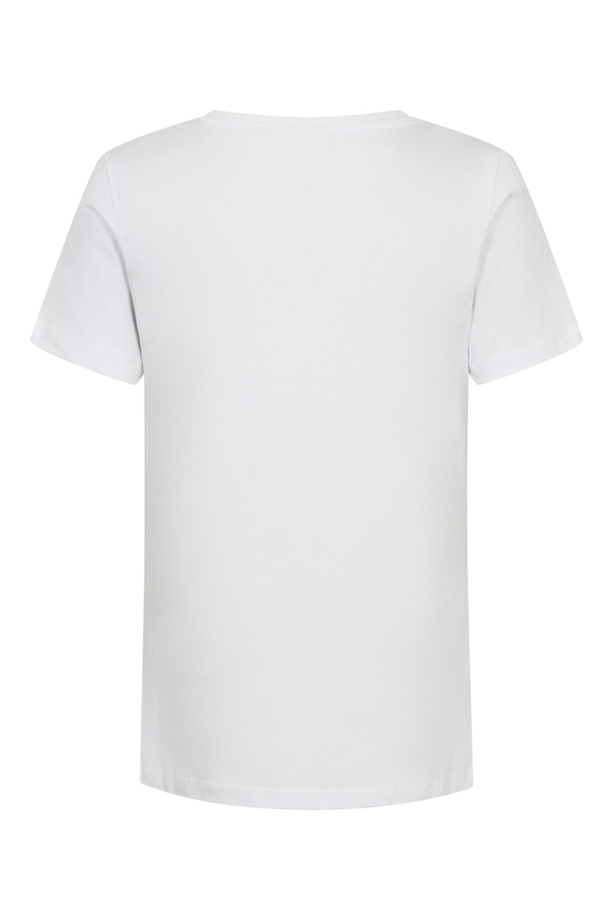 Hvid bomulds t-shirt med rund hals og korte ærmer, enkel bagpå.