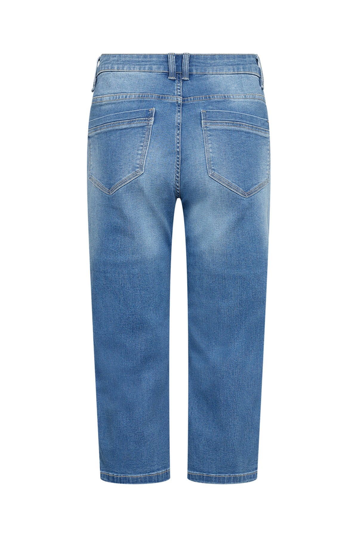 Bløde capribukser i blå denim med højtaljede baglommer og afslappet pasform.