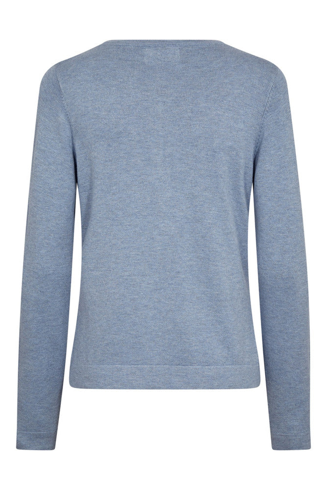 Let cardigan i lys blågrå med rund hals og lange ærmer set bagfra.