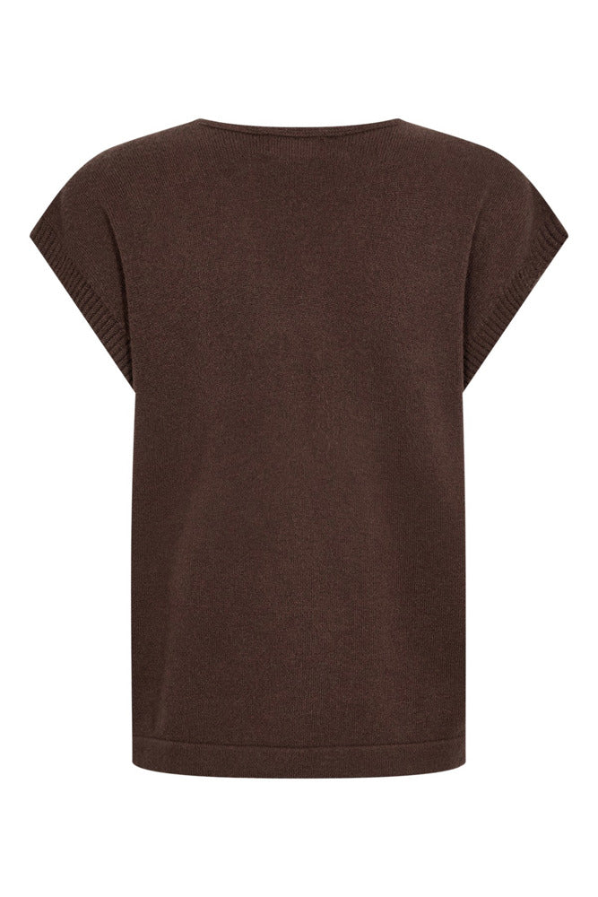 Kortærmet strik vest i chokoladebrunt cashmere med rund halsudskæring set bagfra.