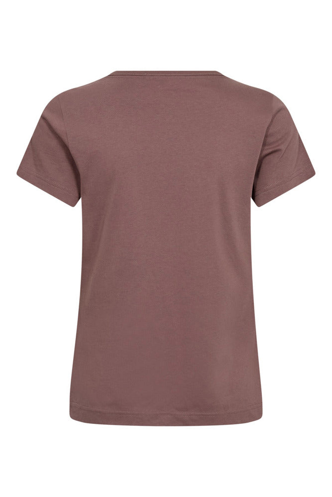 Kortærmet t-shirt i økologisk bomuld med rund hals i støvet brun farve set bagfra.