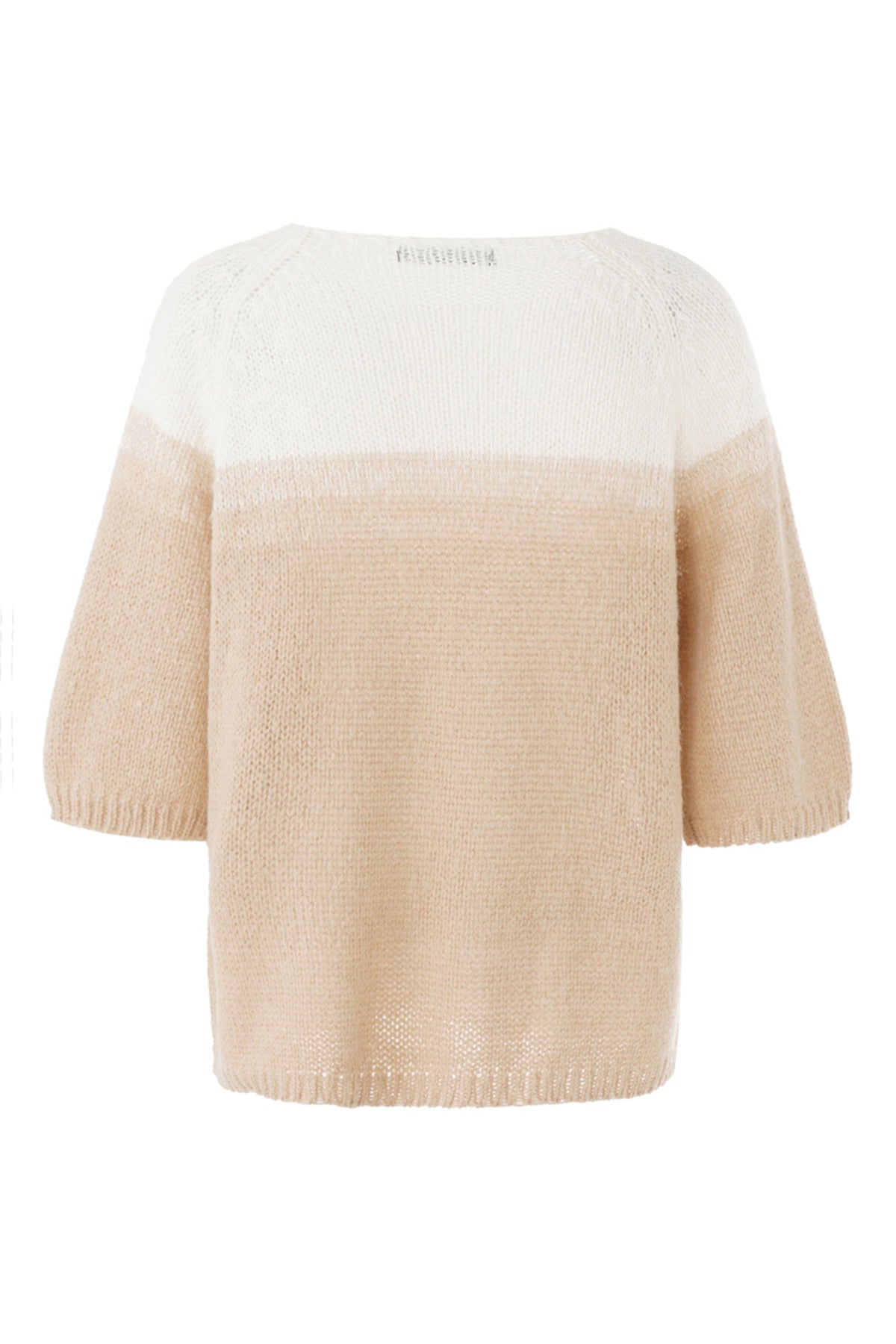 Kortærmet striktrøje i beige og offwhite uldblanding med rund hals og løs pasform.
