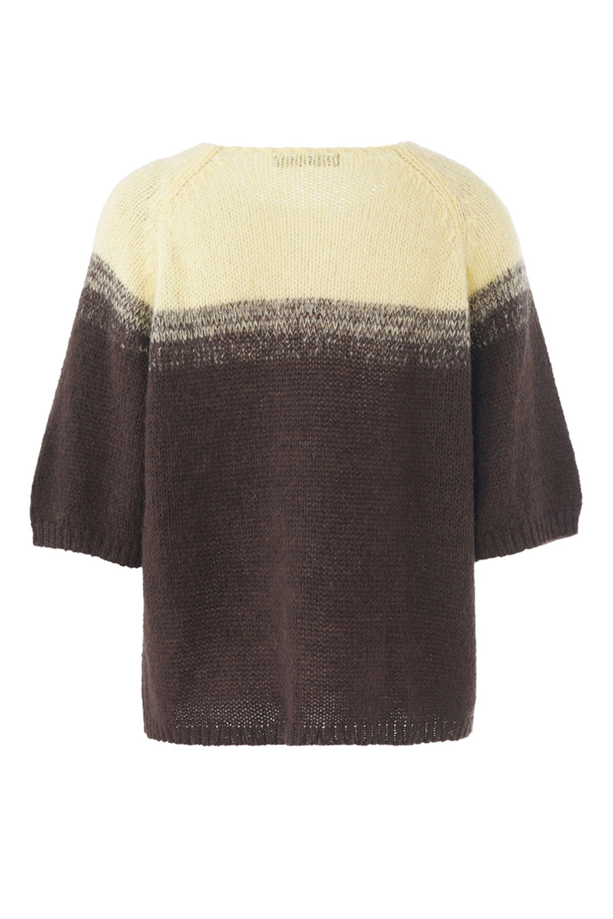 Kortærmet striktrøje i uldblanding med farvegradient fra beige til mørk brun.