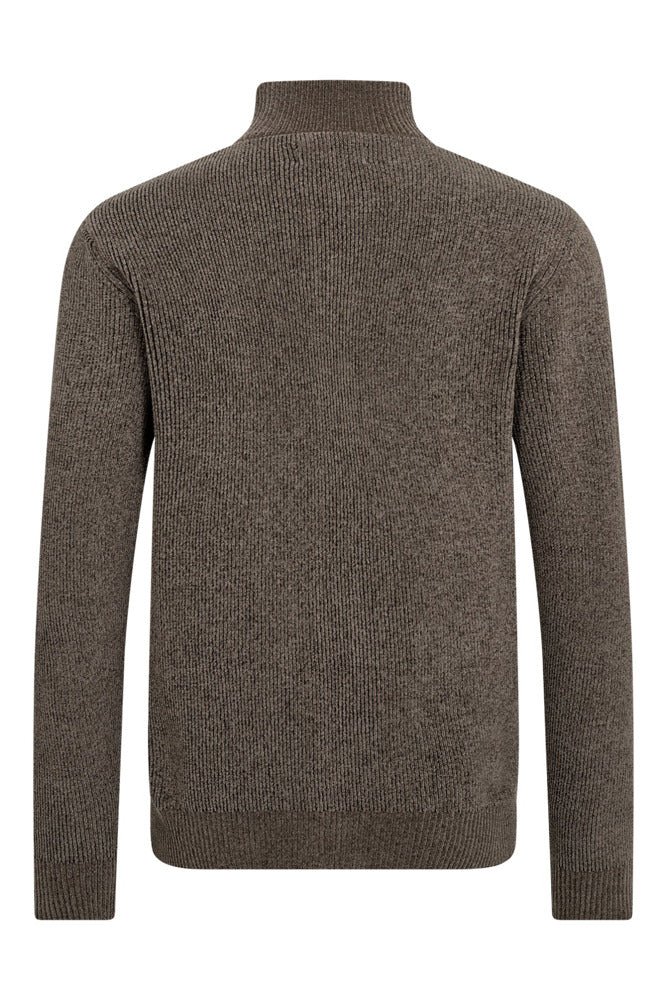 Langærmet strik cardigan med lynlås i varm sandfarve og ribdetaljer ved krave, manchetter og kant.