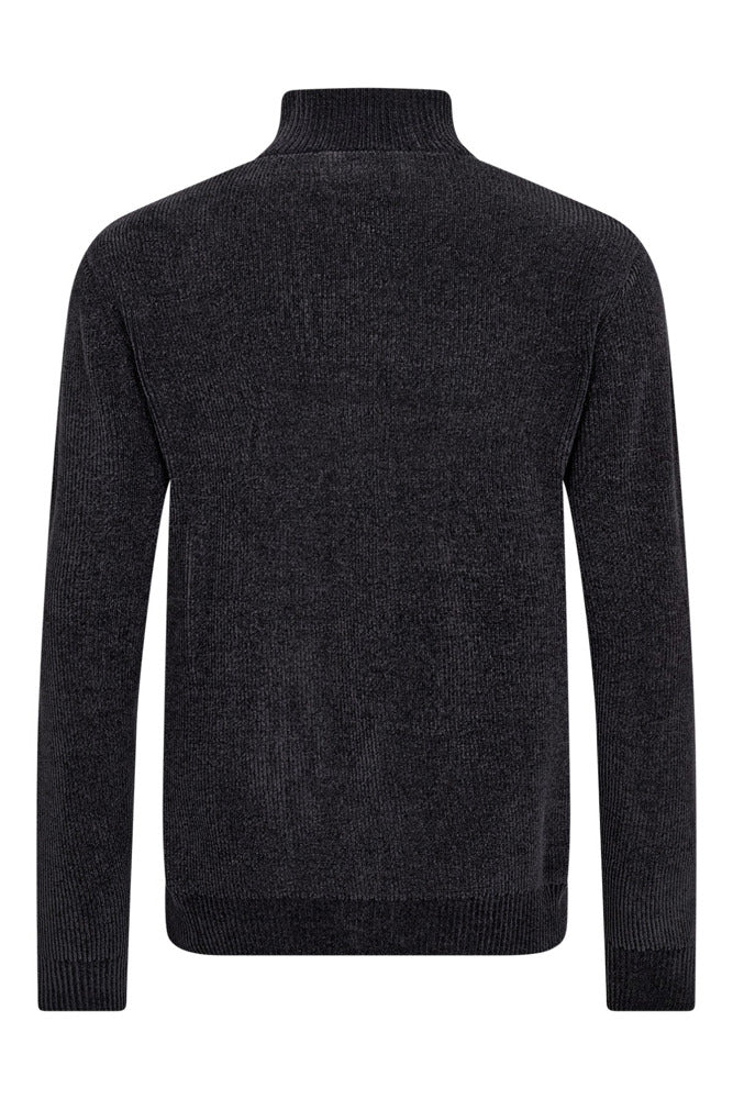 Langærmet strik cardigan i sort med høj hals og lynlås, enkel og tætsiddende pasform.