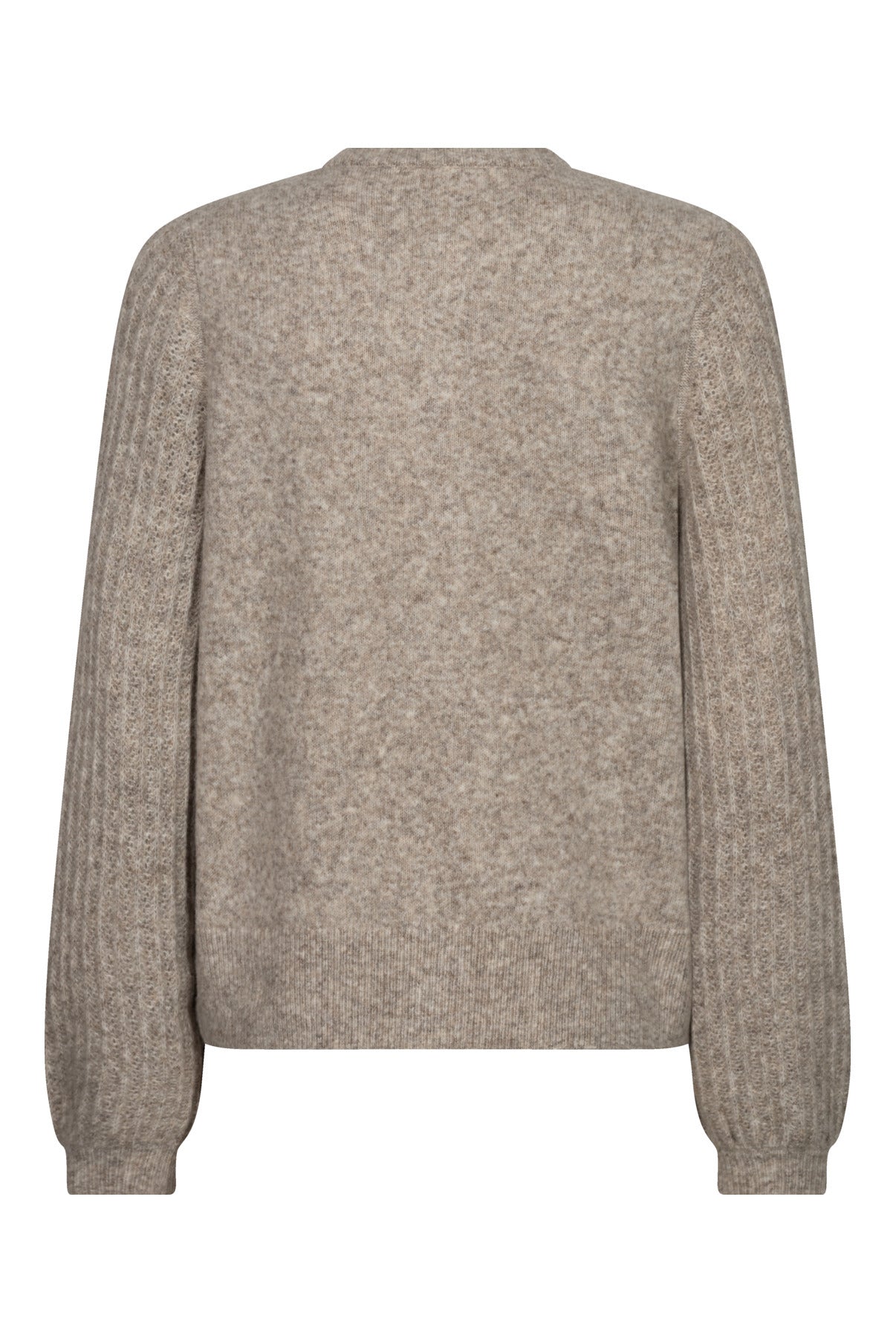 Strikcardigan i beige meleret med fløjlsbløde knapper og ribstrikkede ærmekanter og linning.