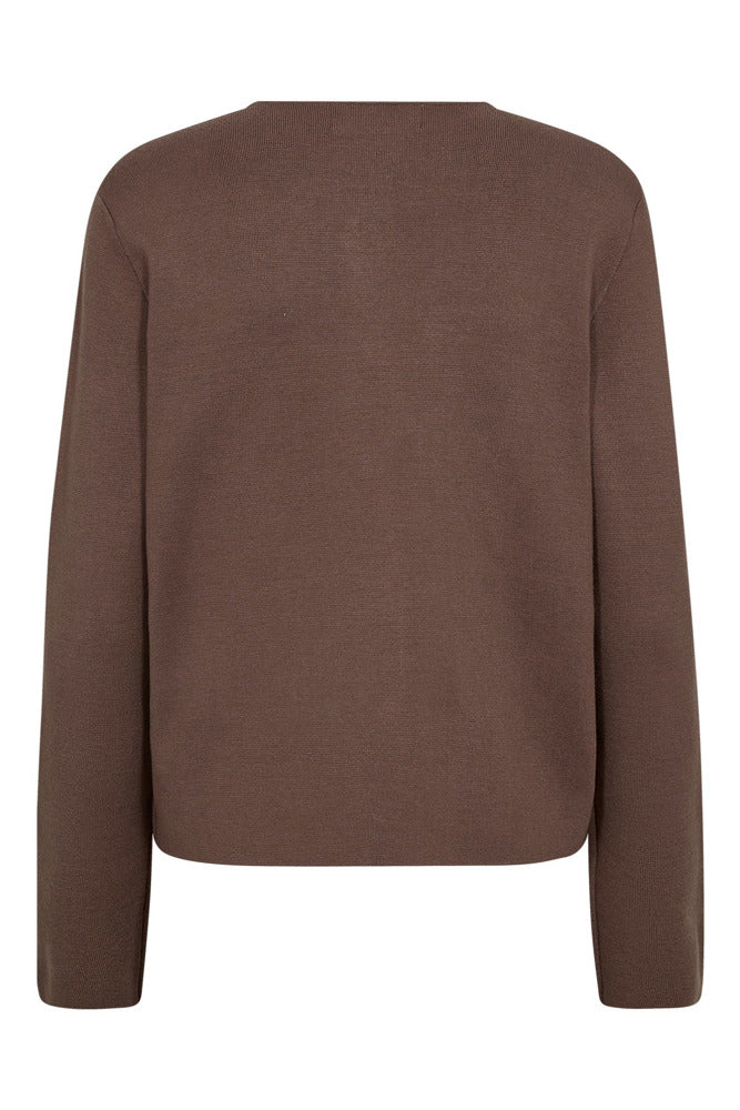 Cardigan i cocoa brown med lange ærmer og rund hals, bagudvendt design uden knapper.