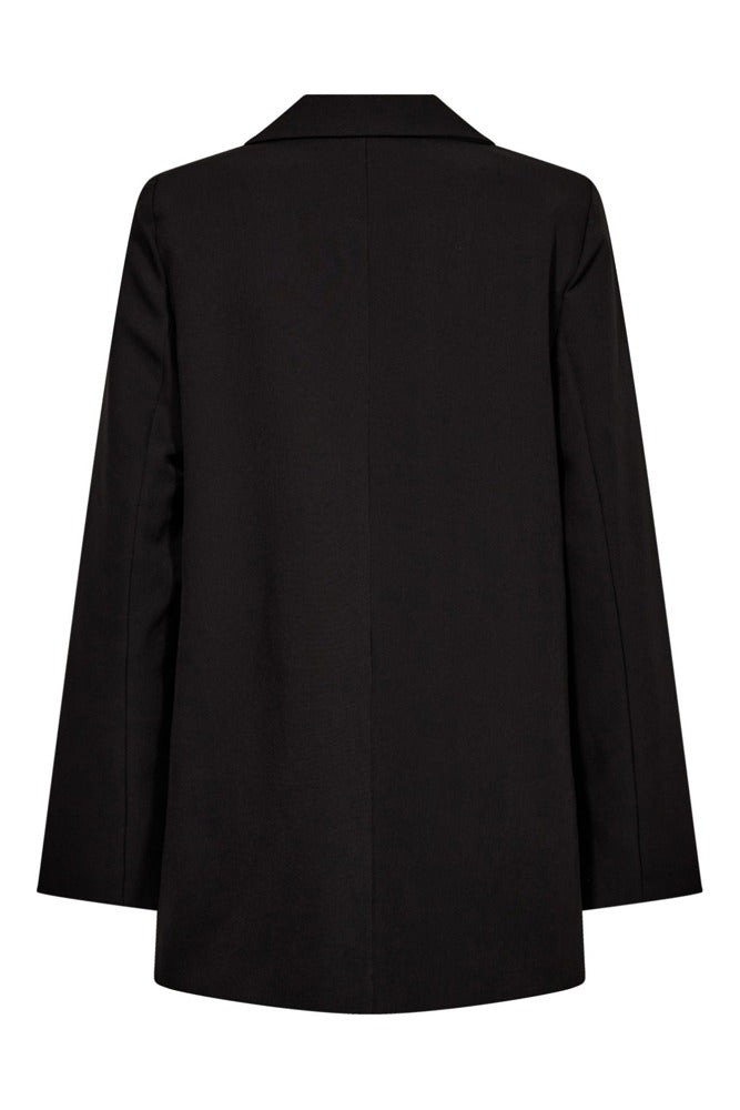 Sort klassisk blazer med revers, lange ærmer og skjult lomme foran.