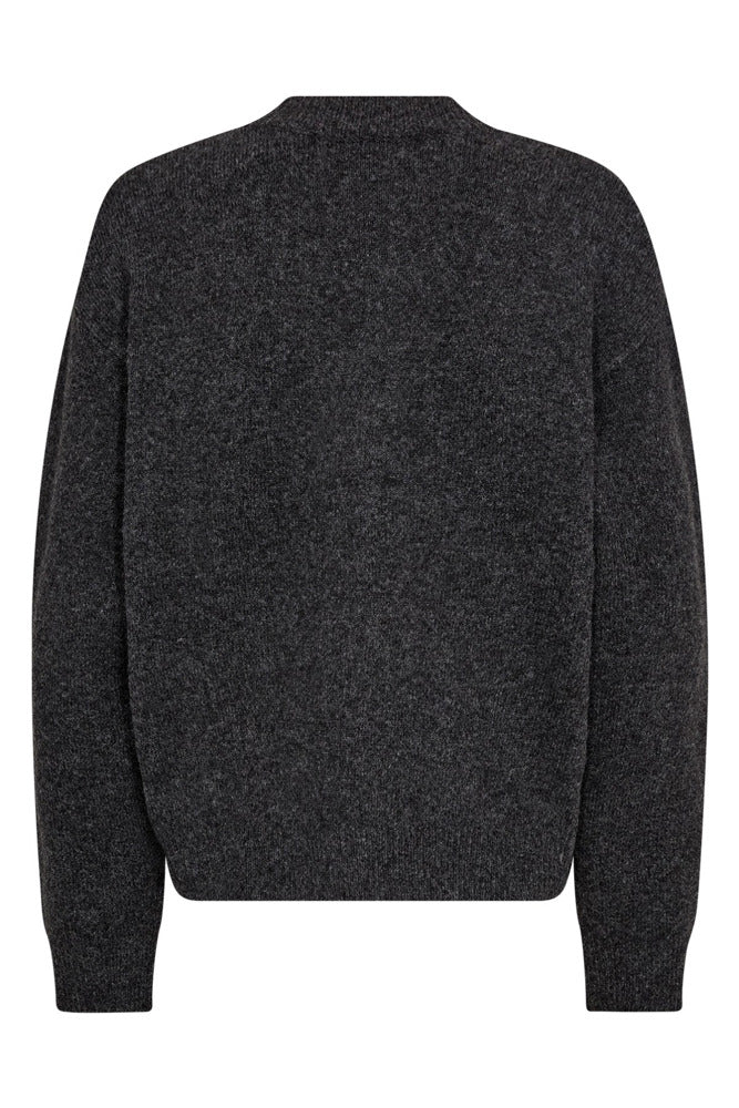 Mørkegrå strik cardigan i uld med ribstrikket hals, ærmer og bund.