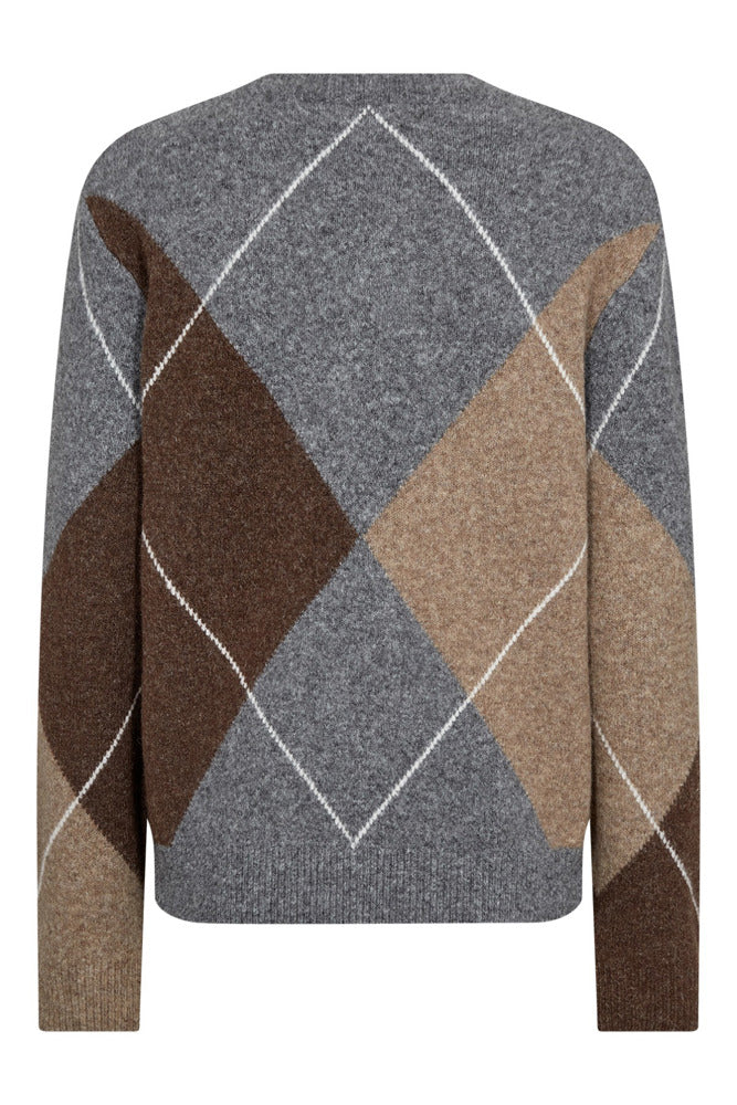 Langærmet strik i uld med grå, beige og brune tern og kontrastsømme.