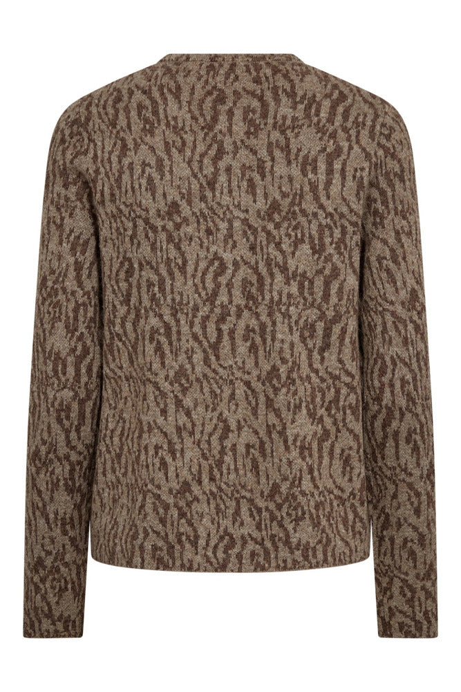 Brun cardigan med dyreprint i brune toner, lange ærmer og rund hals, set bagfra.