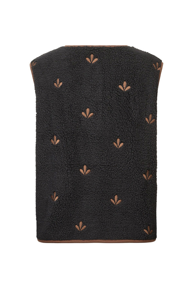 Sort teddyvest med brune broderede blomsterdetaljer og sidelommer.