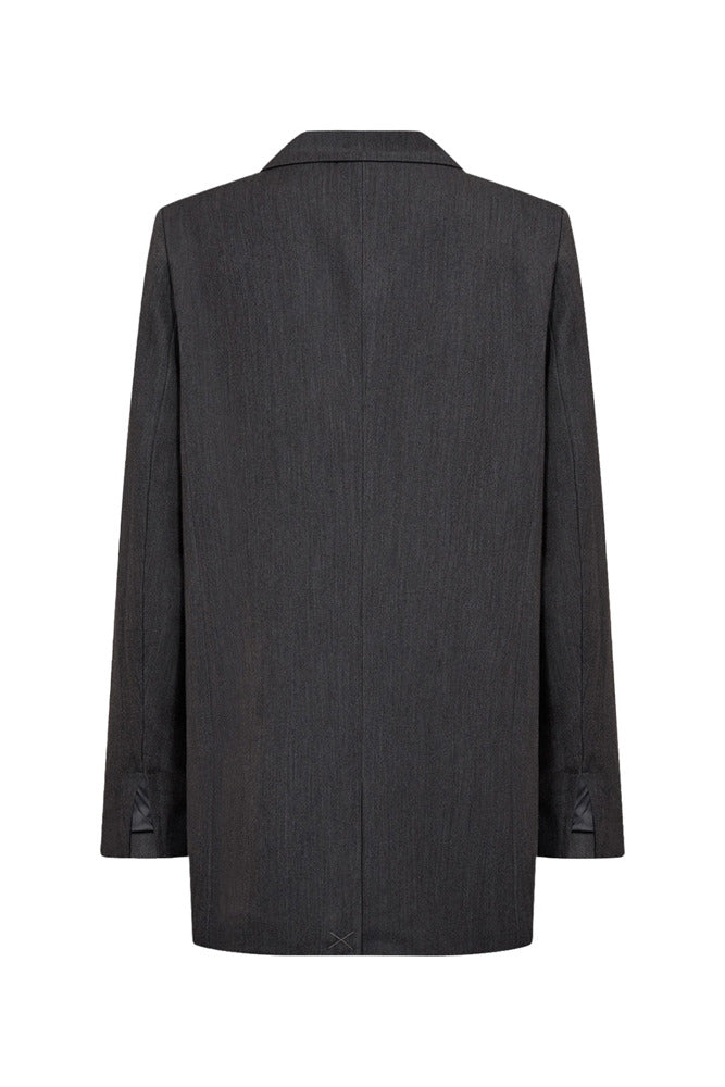 Oversize mørkegrå blazer med revers og lange ærmer, glat stof og bagpå sømdetalje.