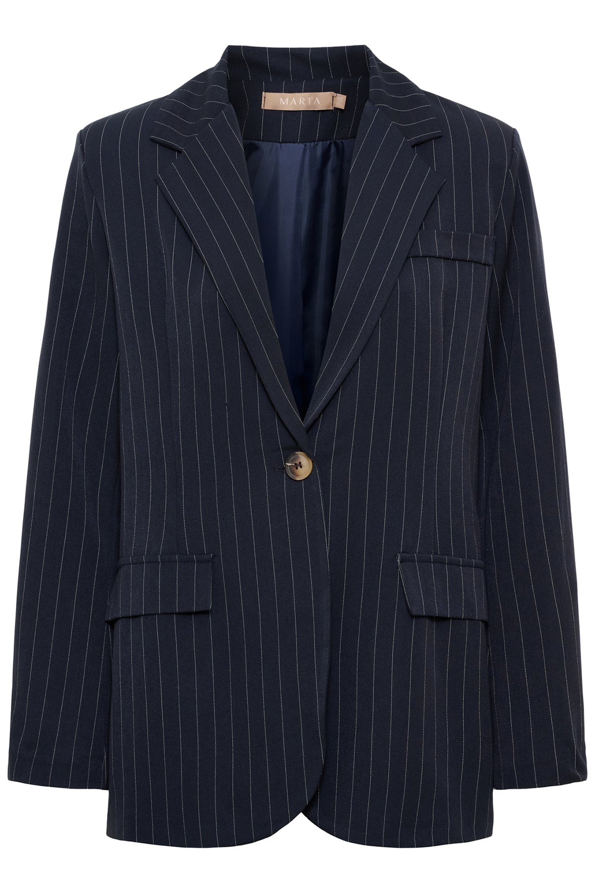 Navyblå klassisk blazer med hvide nålestriber og enkelt knaplukning.