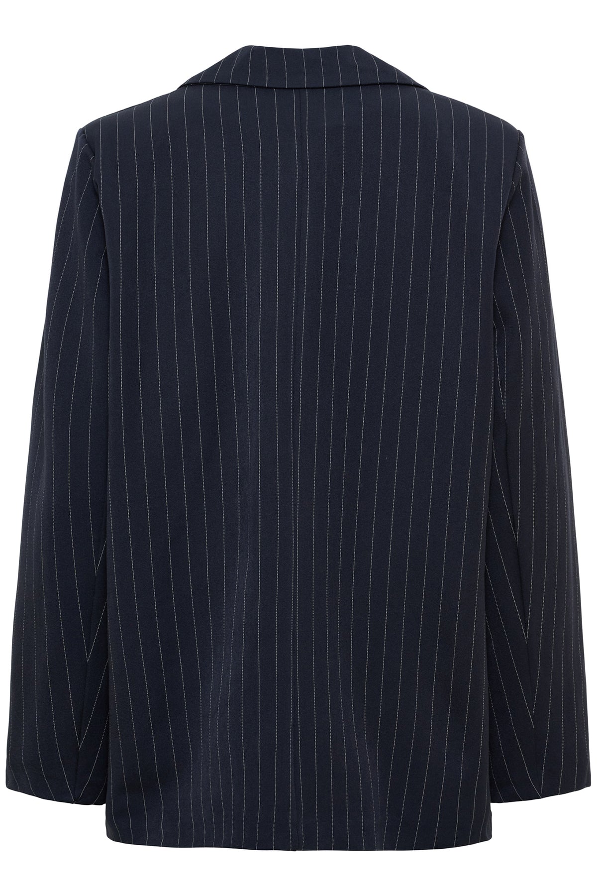 Navyblå klassisk blazer med hvide nålestriber, langærmet og løs pasform set bagfra.