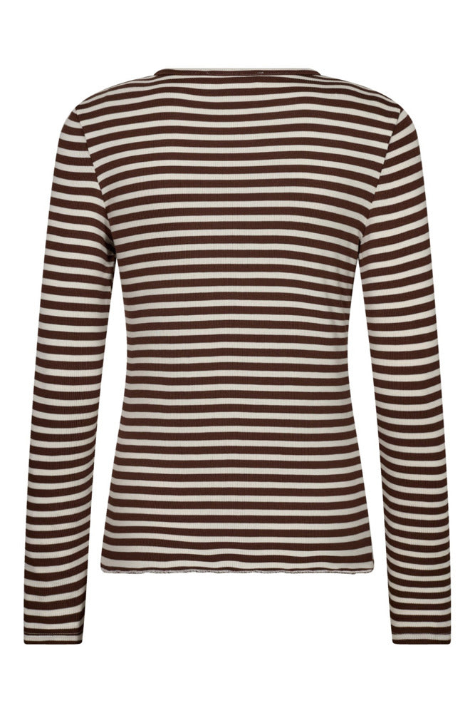 Langærmet t-shirt med smalle brune og hvide striber, tæt pasform, rund hals.