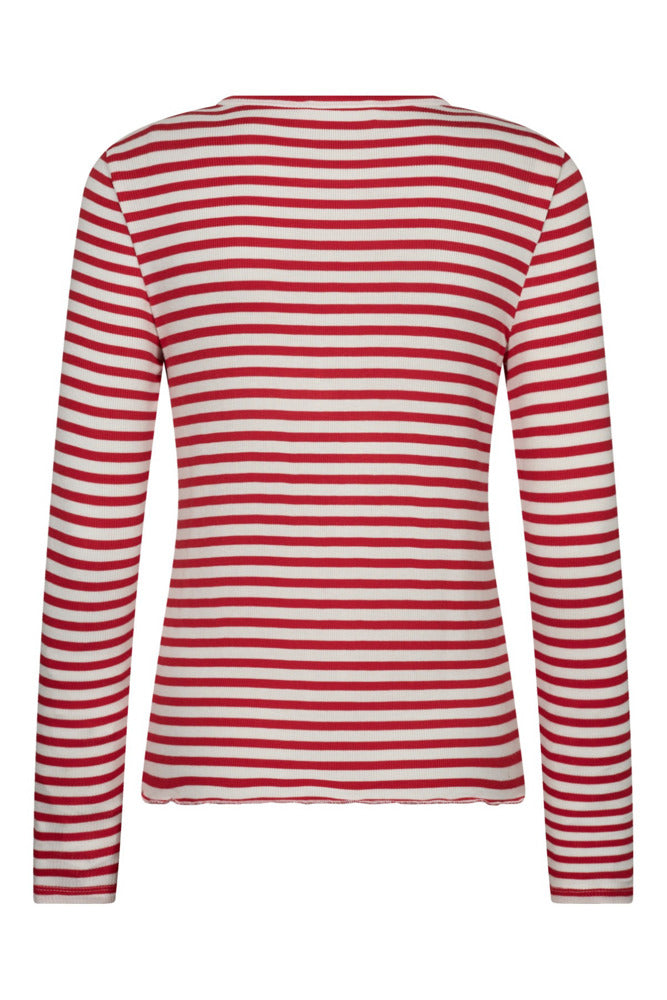 Rød- og hvidstribet langærmet t-shirt med rund hals og tætsiddende pasform lavet i blødt stof.