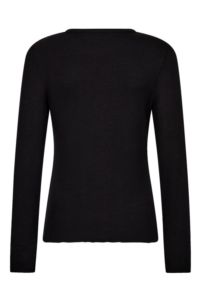 Sort blød langærmet t-shirt i tætsiddende pasform med rund hals og enkel design.