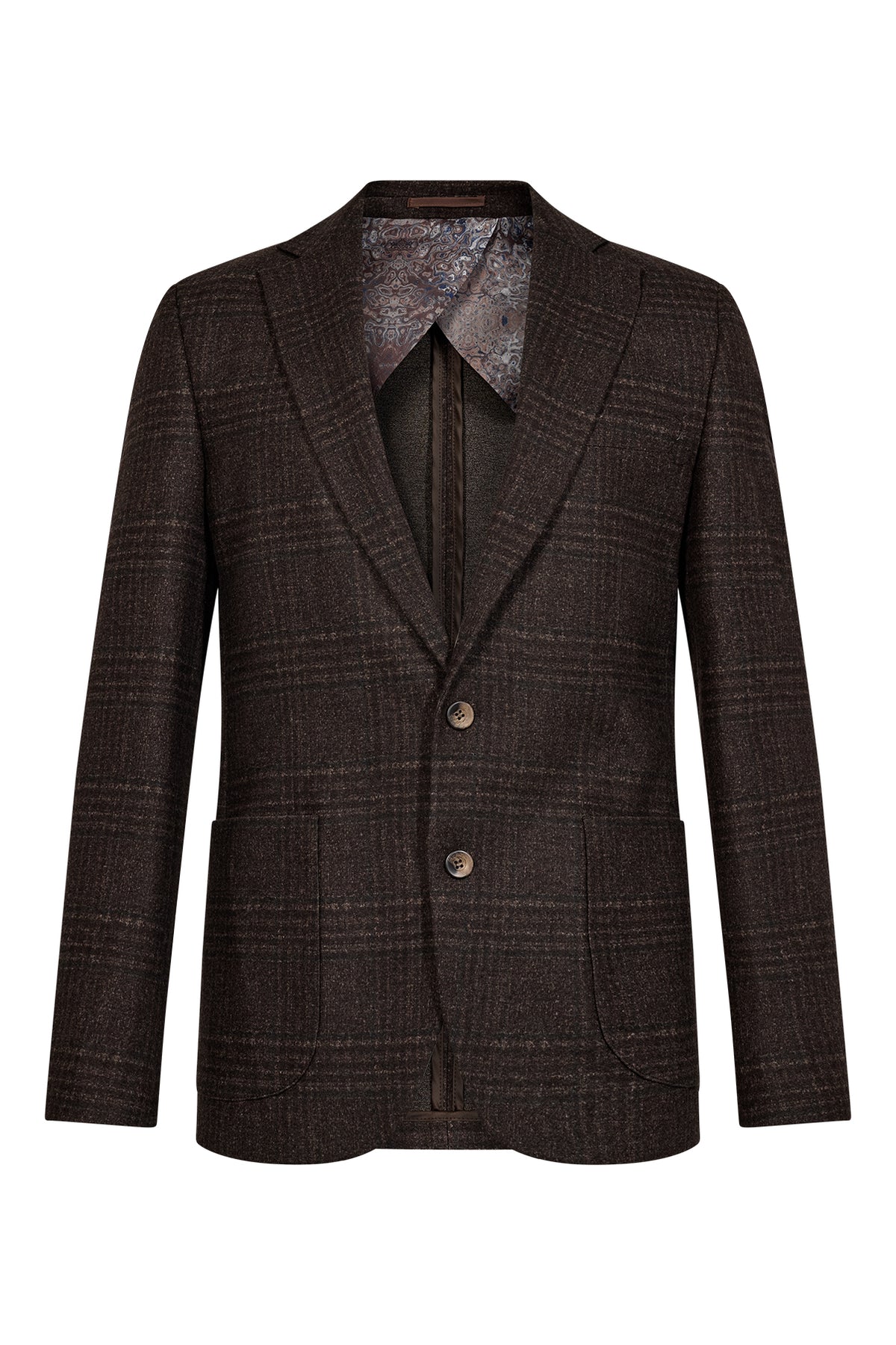 Sortbrun blazer med fin struktur og ternmønster, to knapper og klassisk revers.
