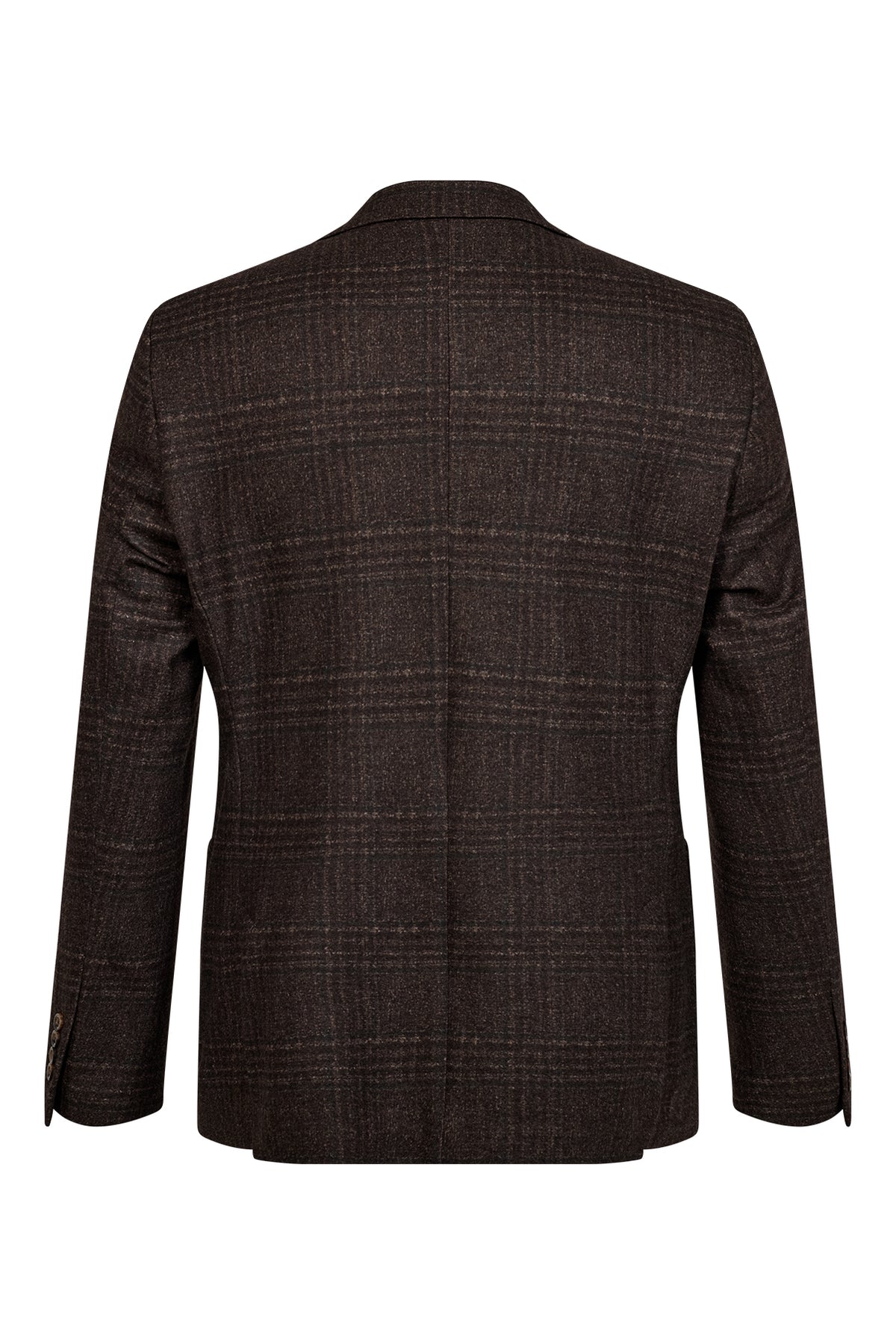 Brun struktureret herreblazer med ternmønster og klassisk snit set bagfra.