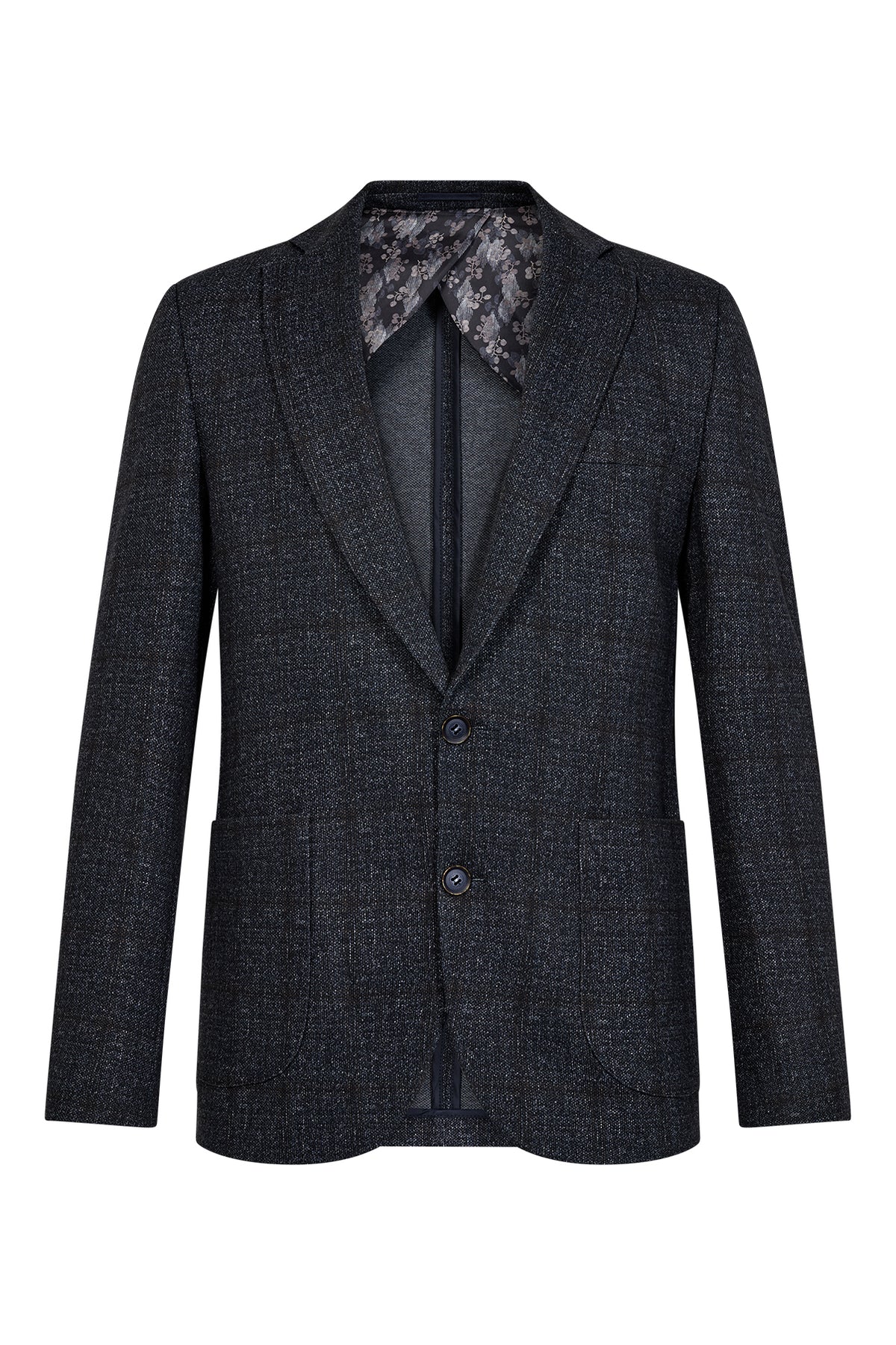 Mørkegrå blazer med struktureret ternmønster, klassisk revers og to knapper foran.