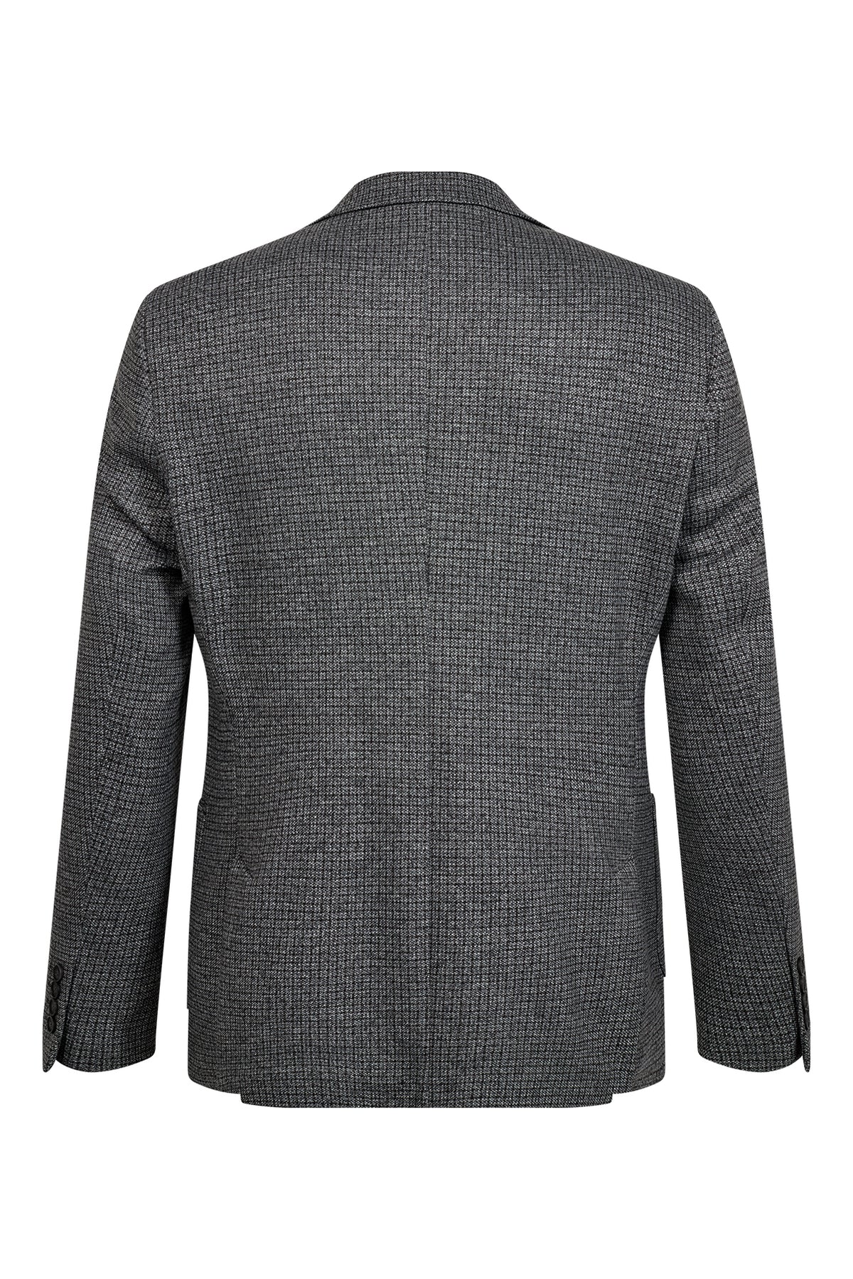 Grå blazer med struktureret stof, klassisk fit og enkelt bagpanel uden syninger.