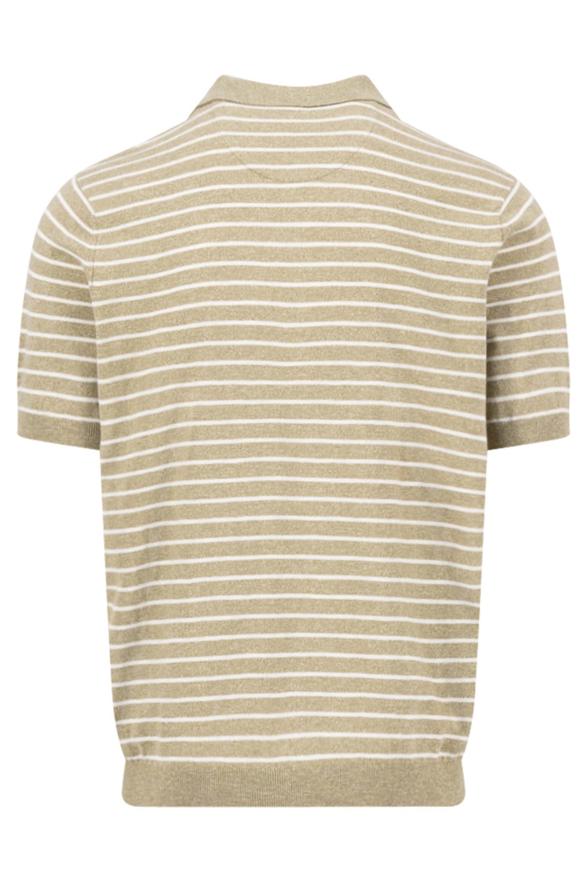 Stribet polo t-shirt i pistaciegrøn og hvid i hør med korte ærmer og ribkant nederst.