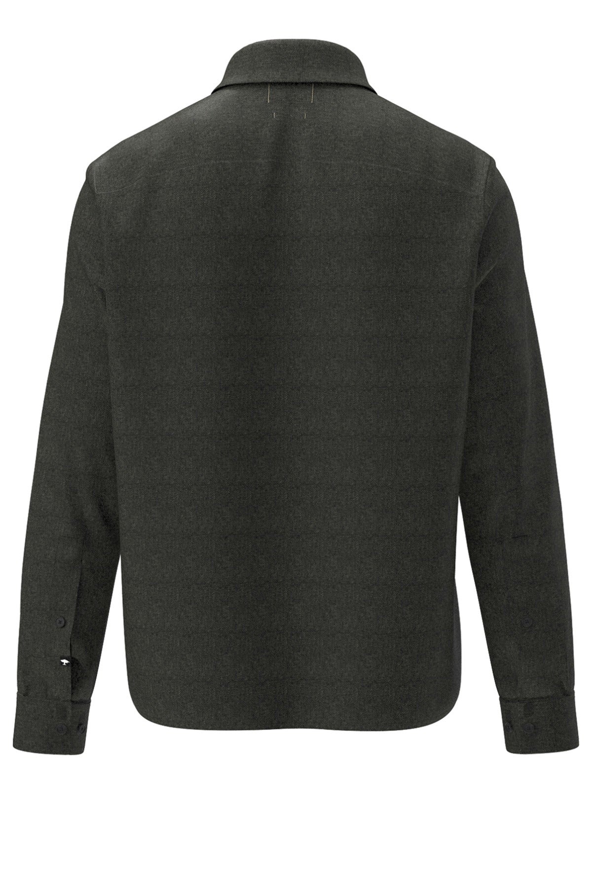 Mørk khaki overshirt i hør med almindelig krave og lange ærmer set bagfra.