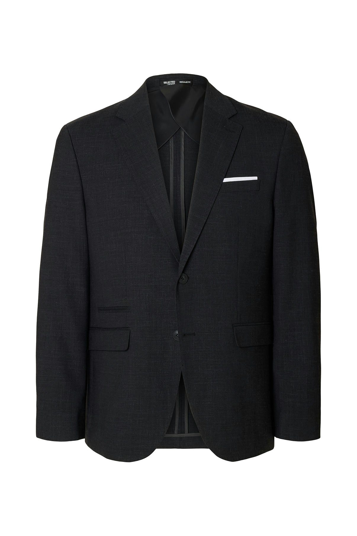 Mørkeblå blazer i hør med klassisk revers, to knapper og brystlomme med hvide lommetørklæde.