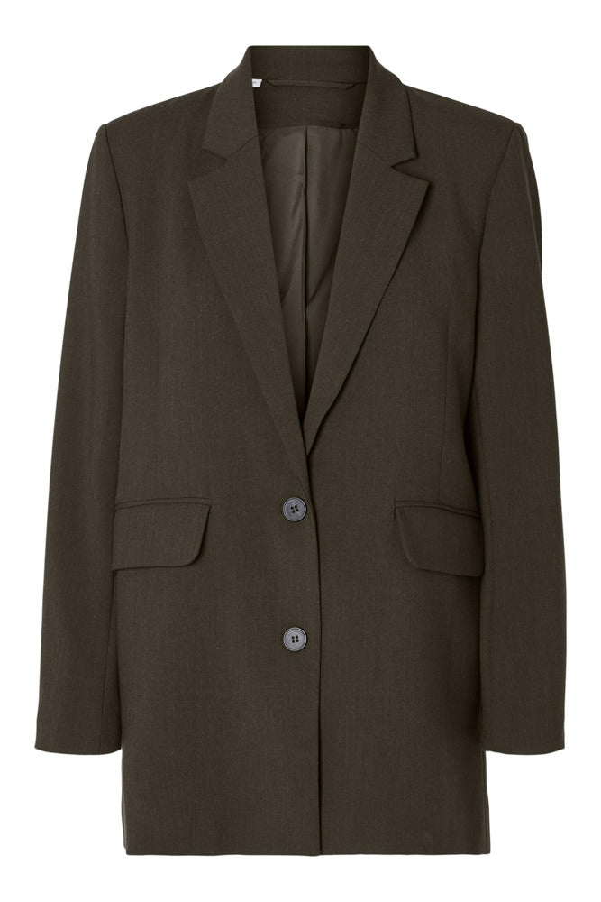 Mørkebrun afslappet blazer med revers og to knapper foran.