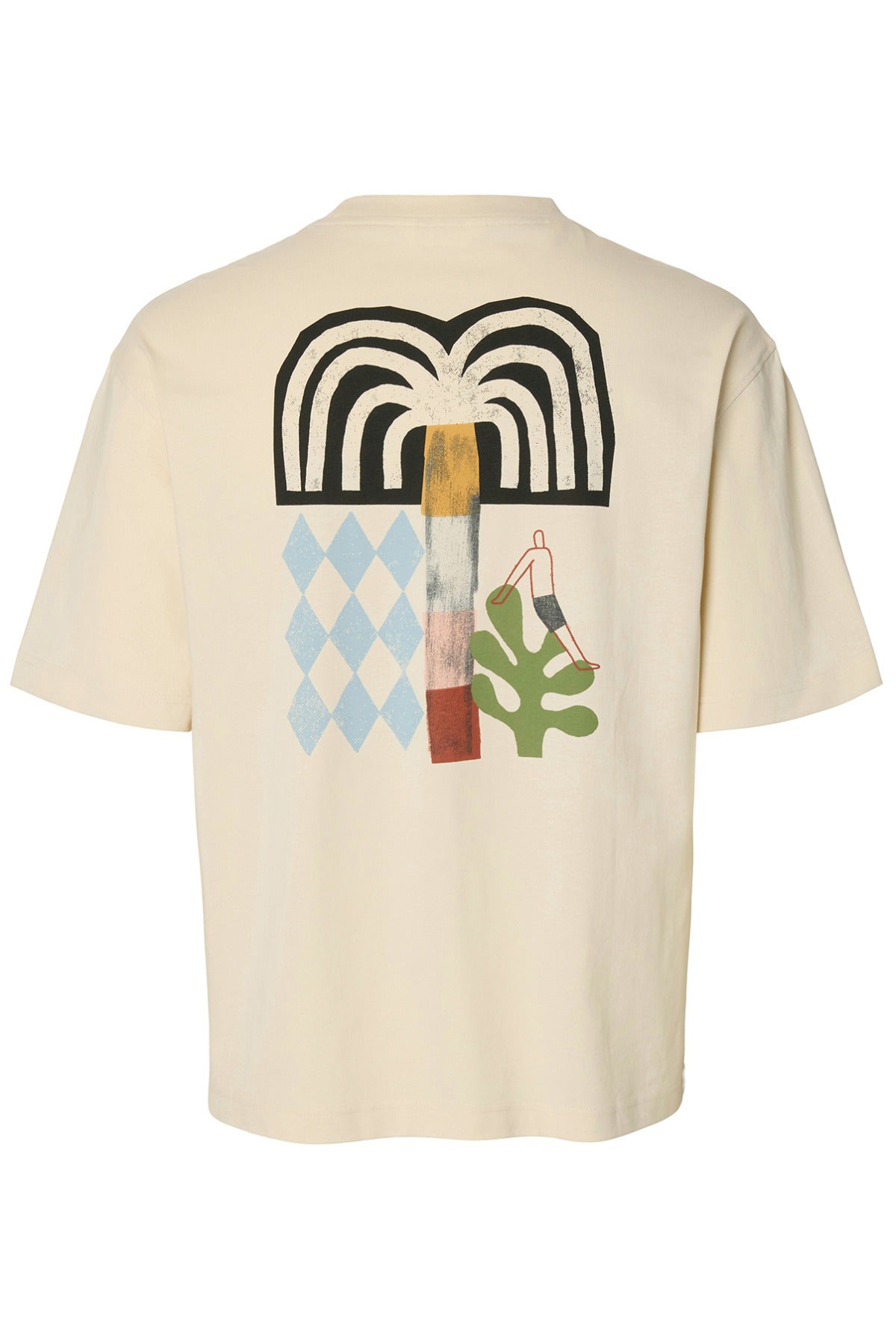 Kortærmet beige t-shirt med sort-hvidt buet grafisk print og farvet bladmotiv på ryggen.