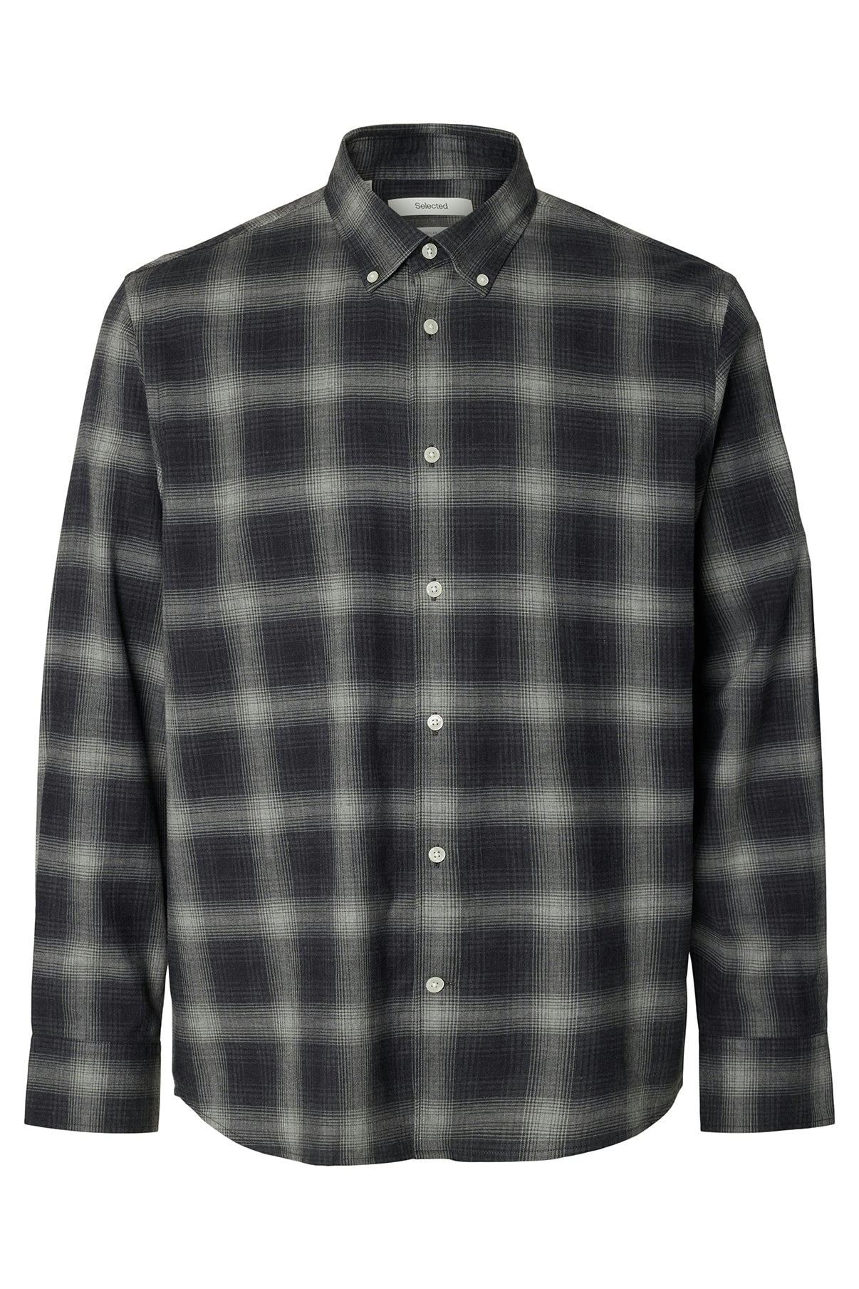 Mørkegrå melange ternet skjorte med knaplukning og button-down krave.