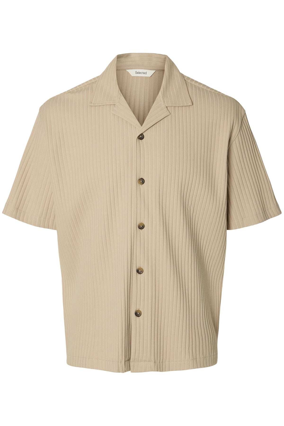 Kortærmet overshirt i beige ribstrikket stof med krave og knapper foran.