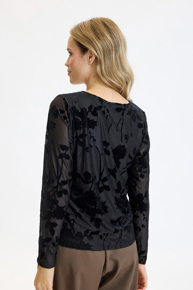 Natalie - Langærmet meshbluse med velourmønster