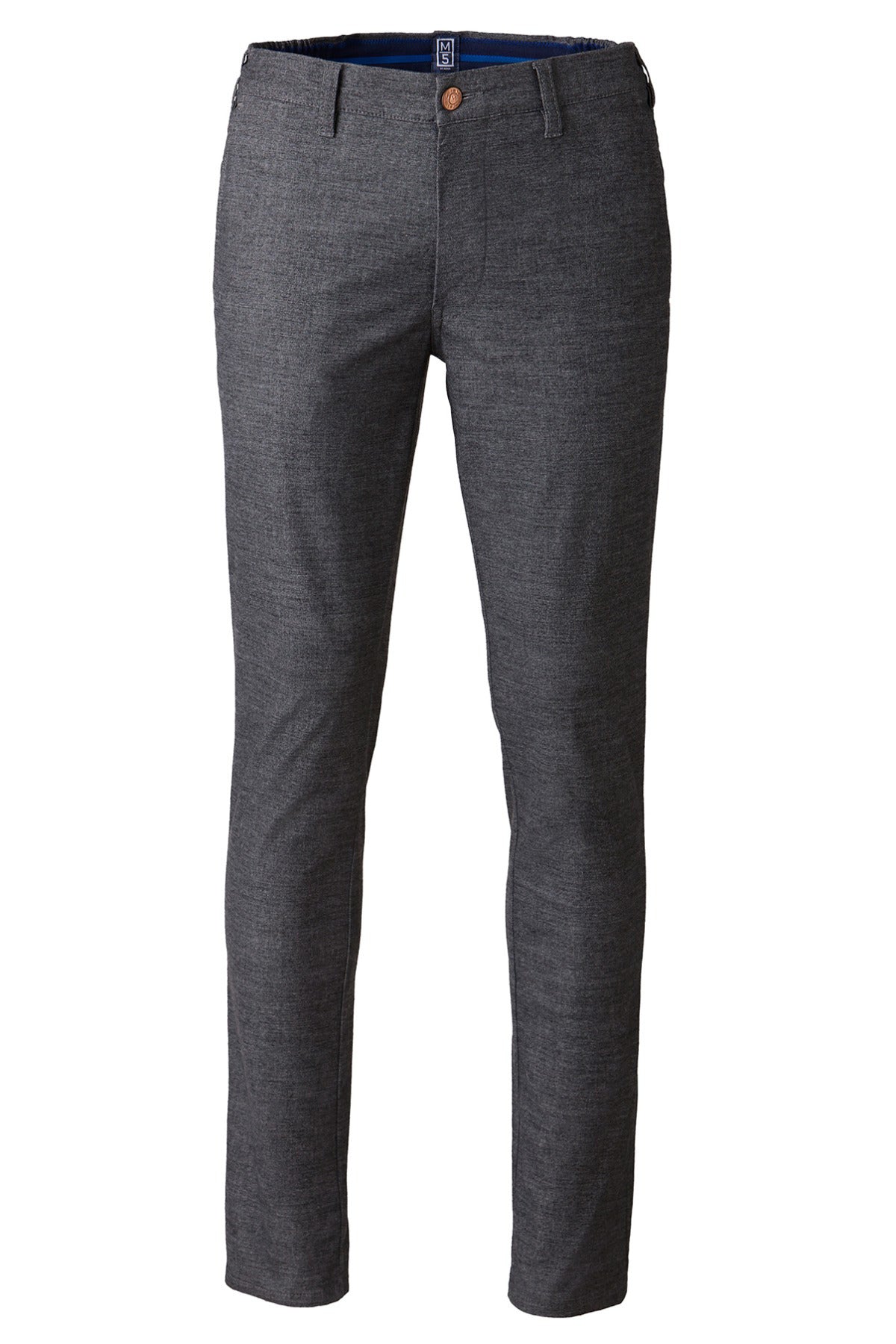 Mørkeblå flannel chinos med slank pasform og brun knap, elastisk materialeeffekt.