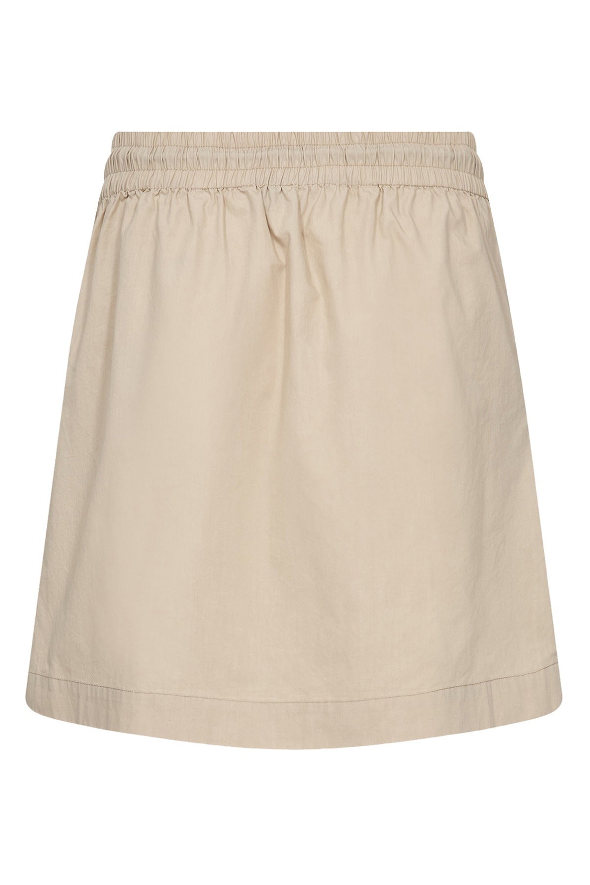 Kort taupe nederdel med elastisk talje og bindebånd i taljen.