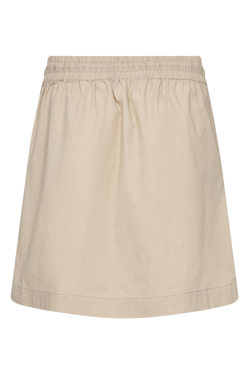 Kort taupe nederdel med elastisk talje og bindebånd i taljen.