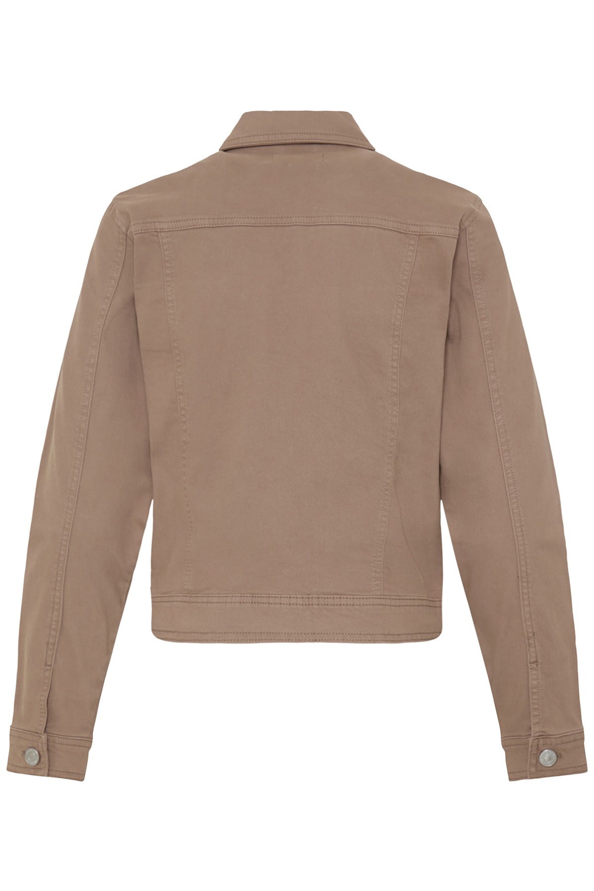 Beige elastisk denimjakke med lange ærmer og knappede manchetter set bagfra.