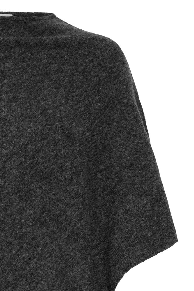 Charcoal grå uldponcho med blød melange og løs pasform, set fra ryggen.