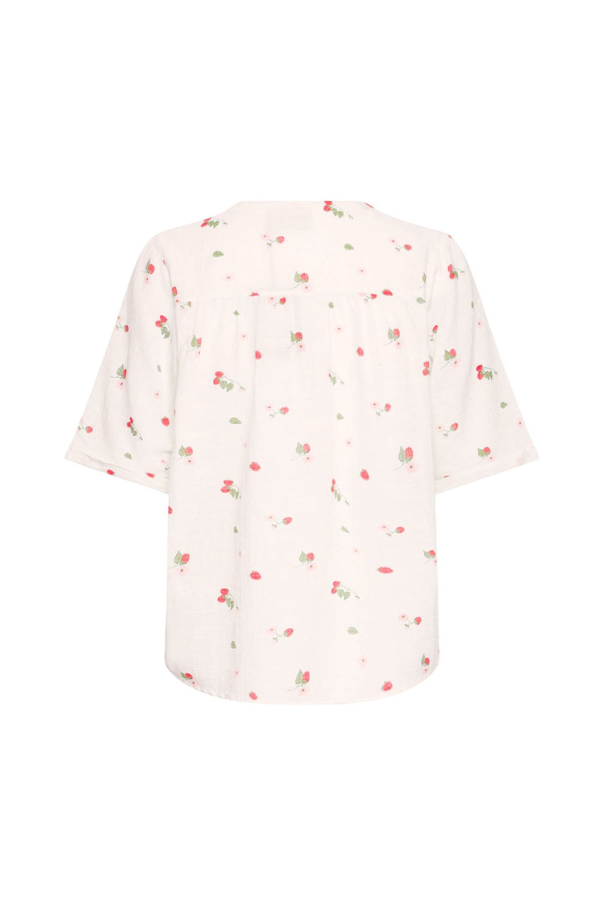 Hvid kortærmet bluse med små røde og grønne blomsterprint, rund hals, løs pasform.