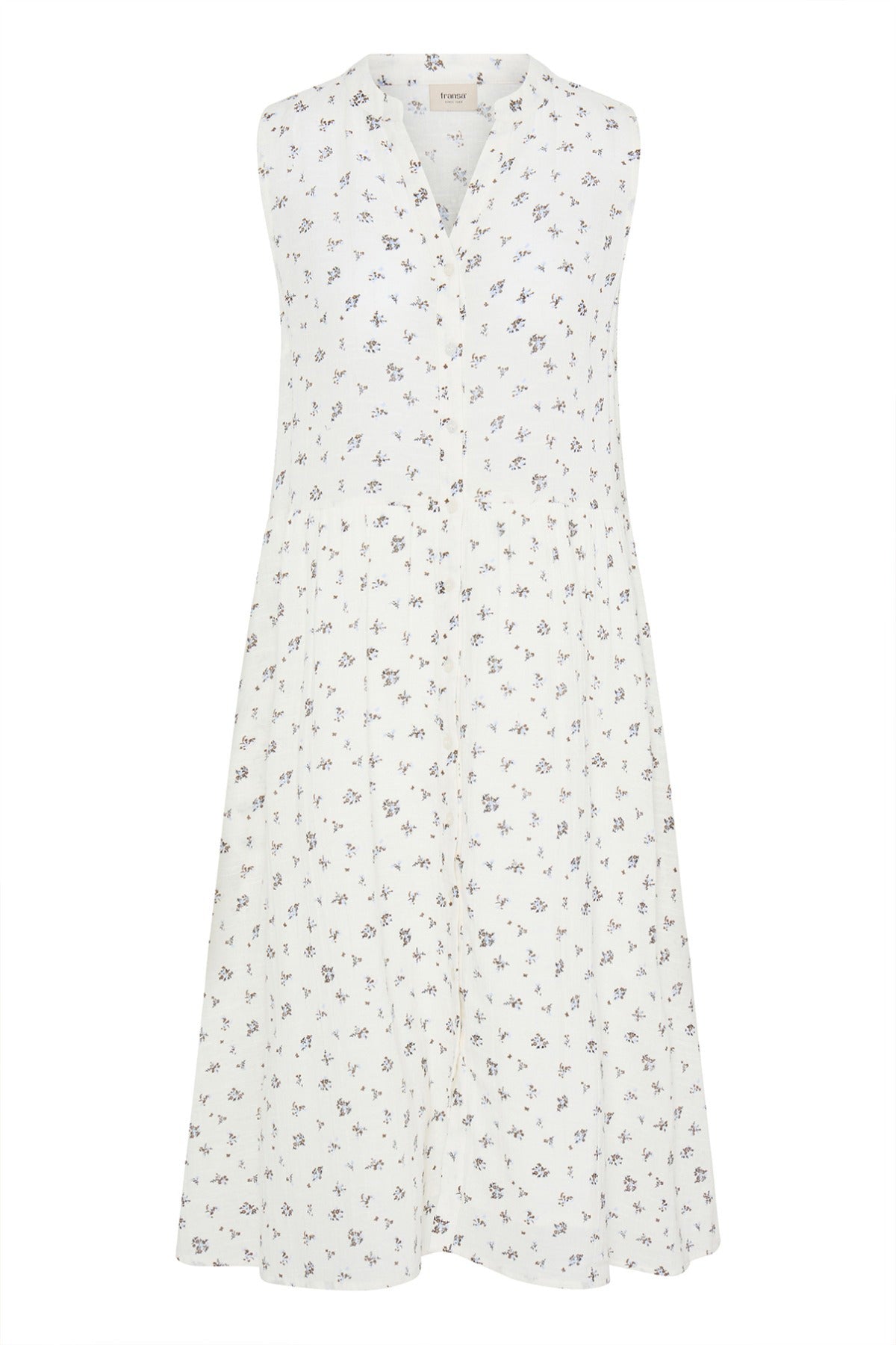 Kort hvid kjole med små brune og blå blomster, knappet front og V-hals.