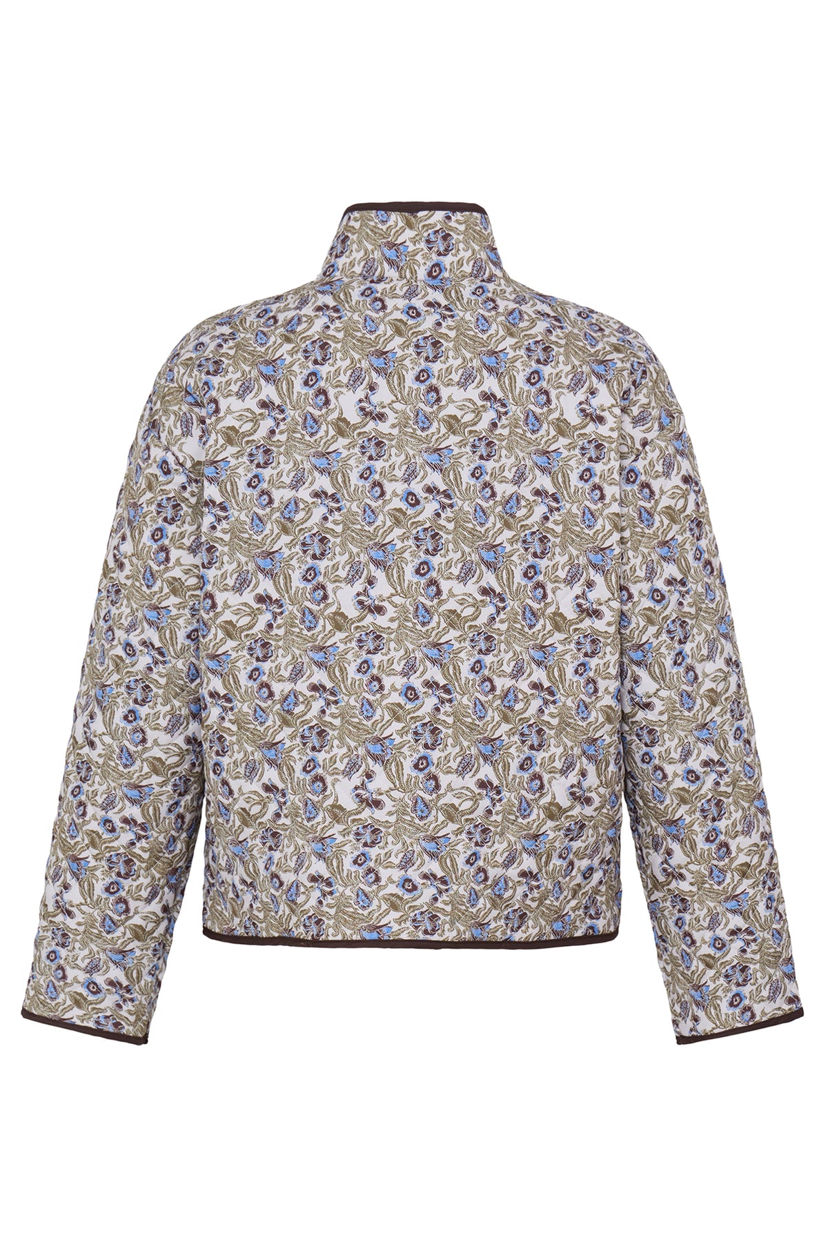 Let quiltet jakke i grøn med små print i blå og beige, høj krave og sort kantpiping.