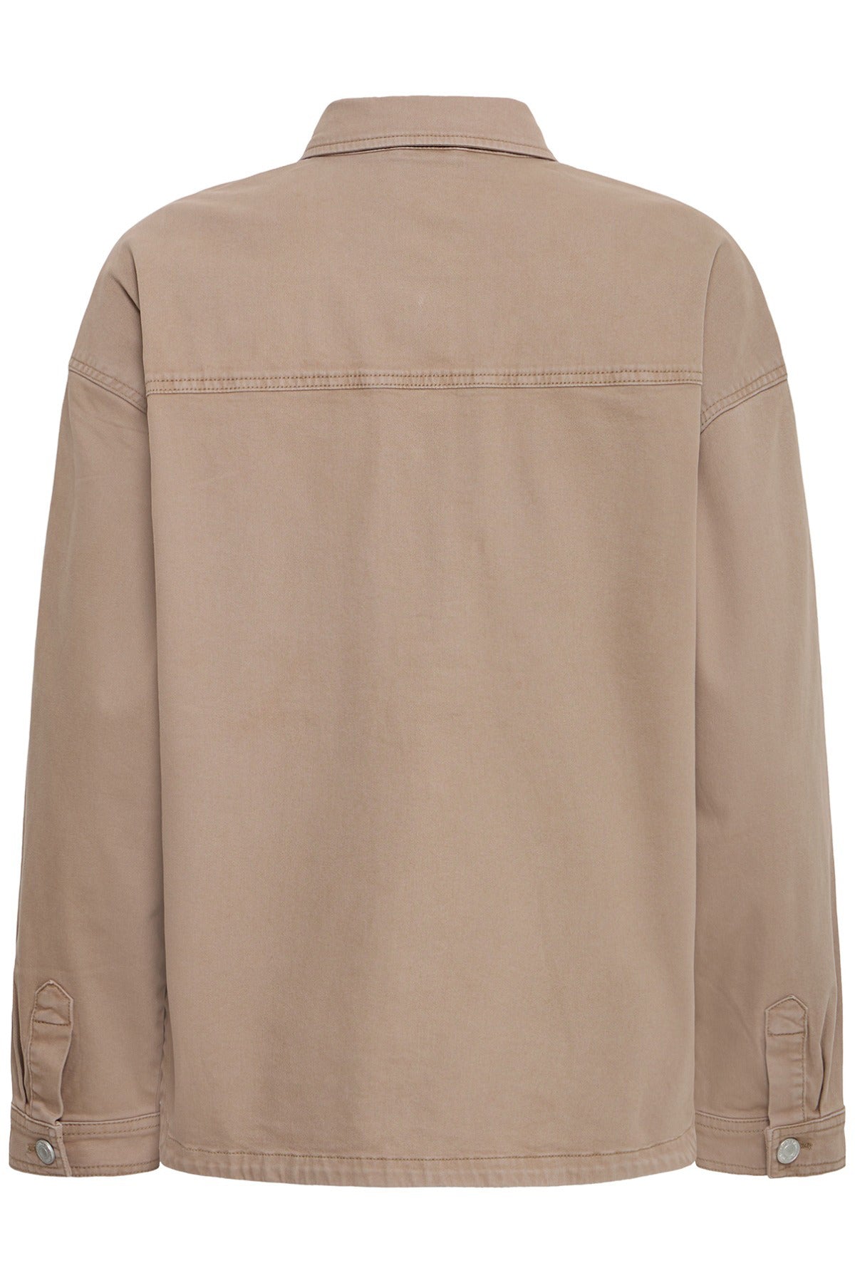 Beige afslappet skjortejakke med lange ærmer og knaplukning bagpå.