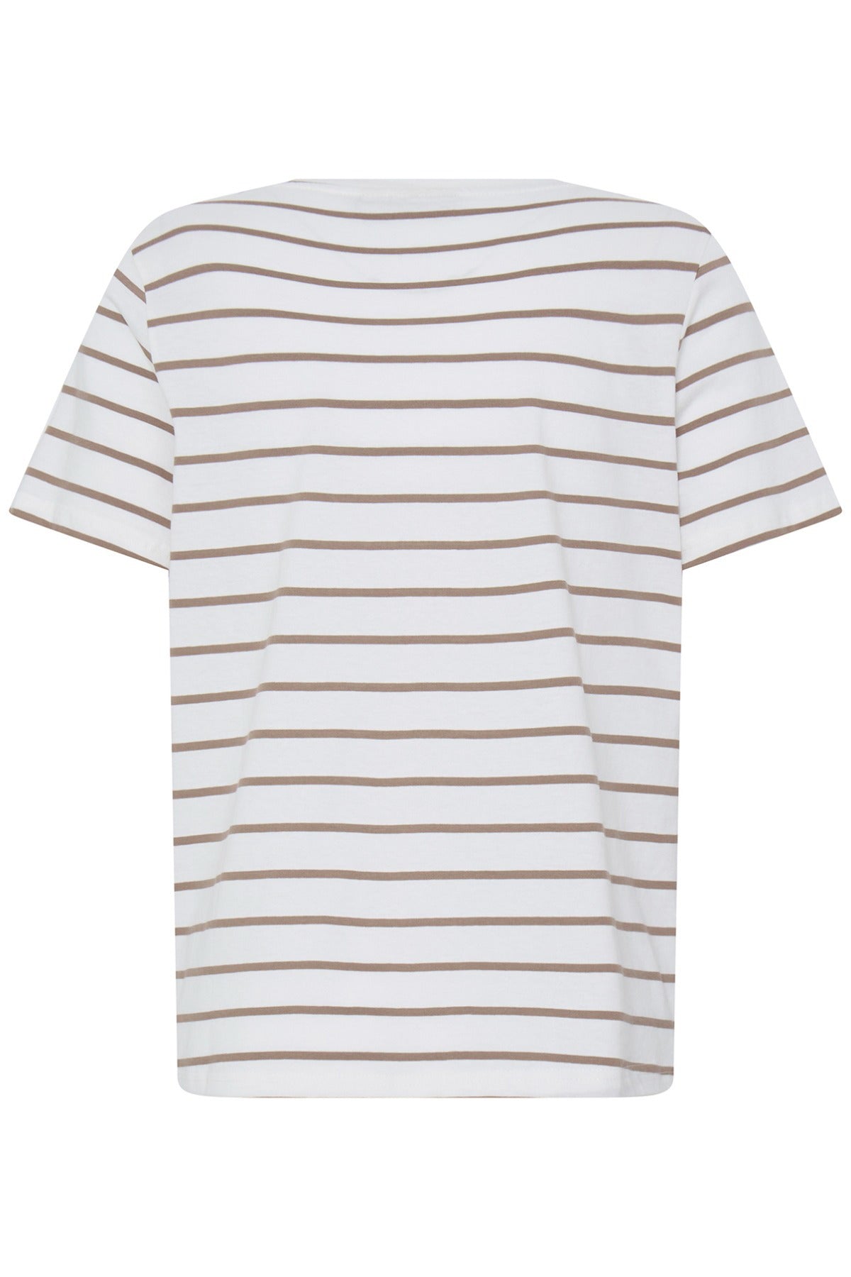 Hvid t-shirt med tynde brune horisontale striber og rund hals.