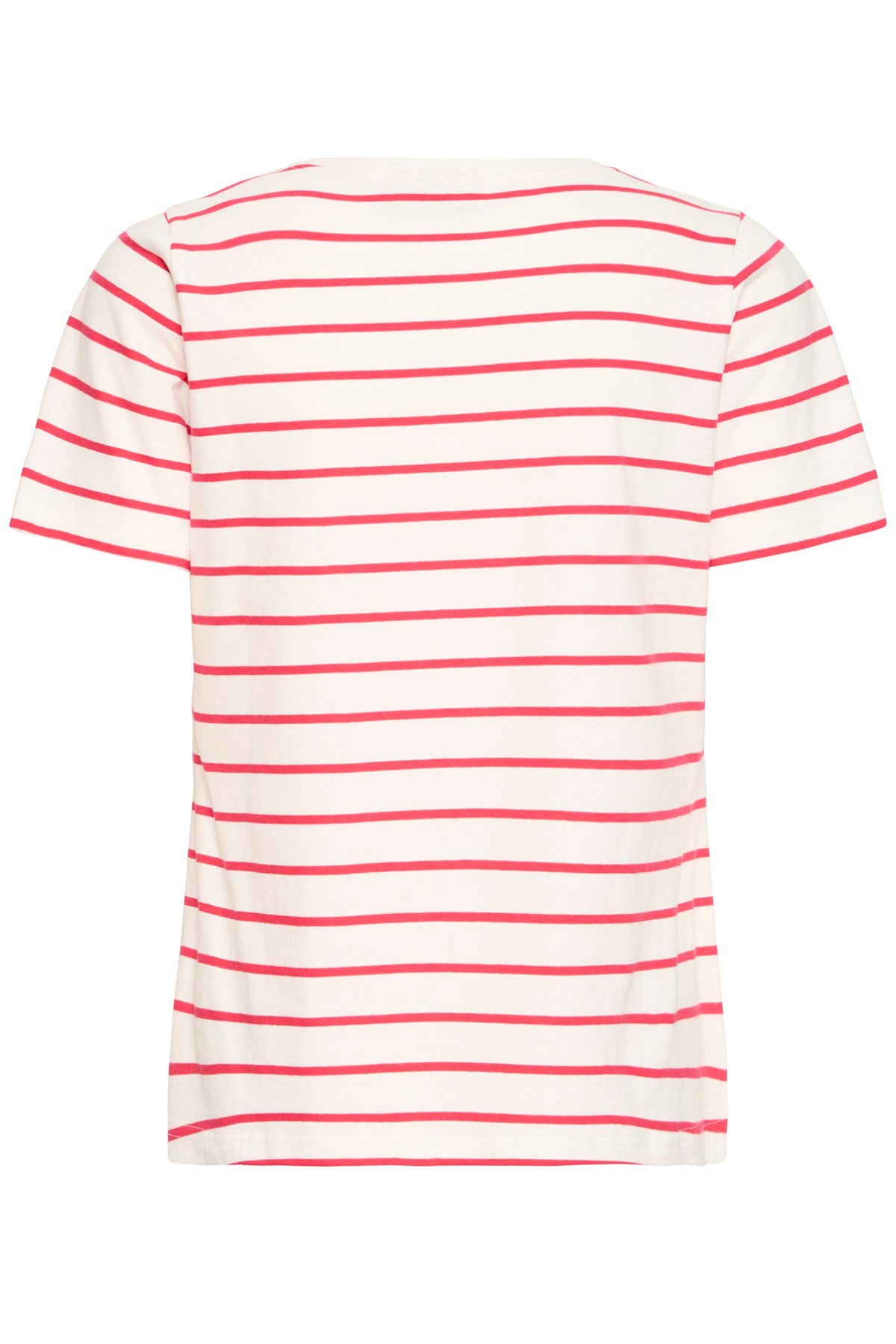 Hvid t-shirt med korte ærmer og smalle røde striber bagpå.