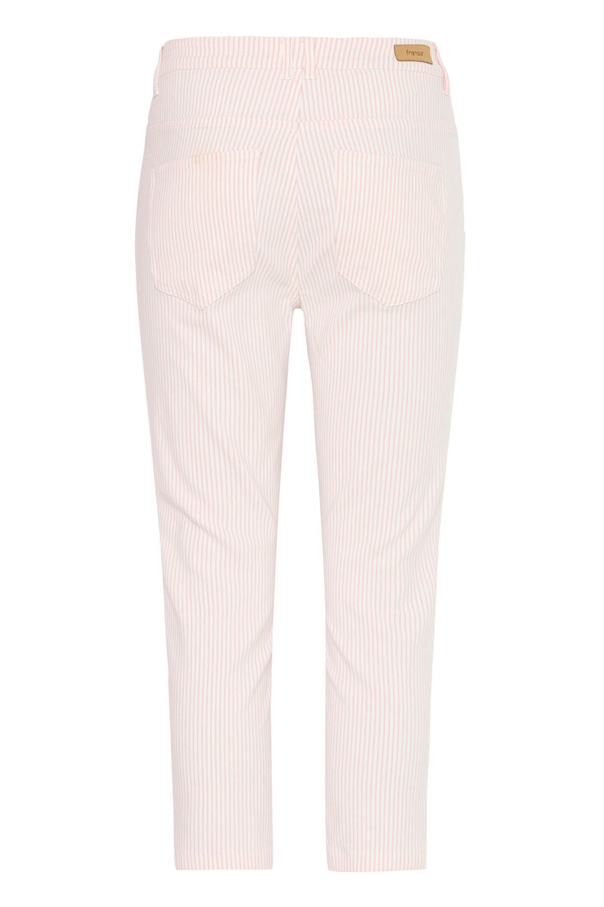 Lyserøde stretch capri bukser med høj talje og baglommer, stribet stofdetalje foran.
