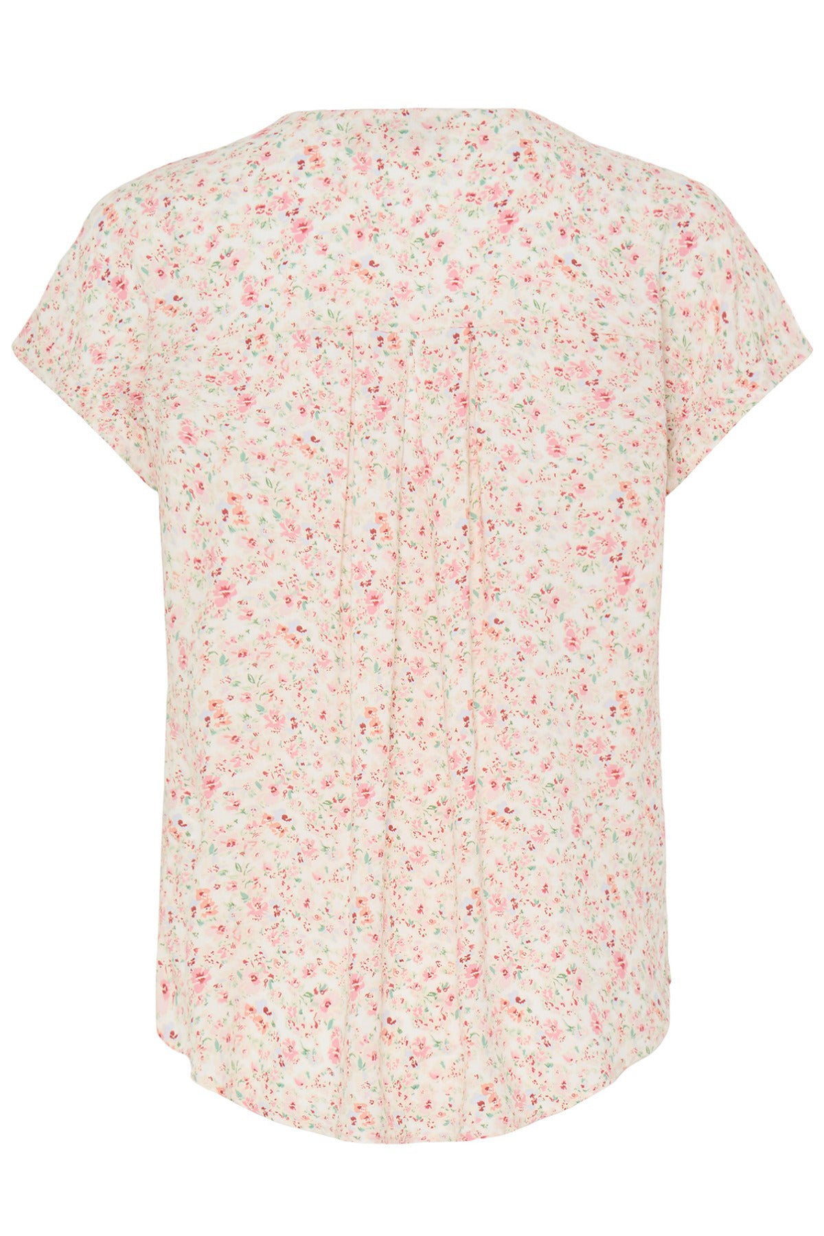 Kortærmet skjortebluse i hvid med pink og grønne blomsterprint og rundet kant nederst.