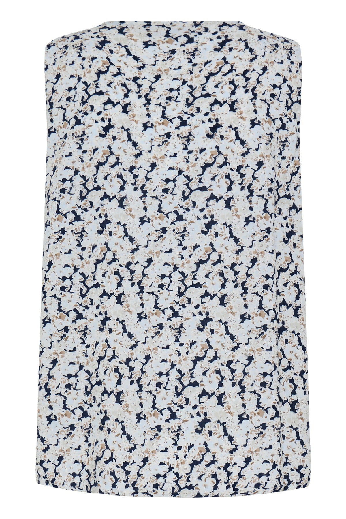 Ærmeløs bluse med navy blå boho-blomstermønster og rund halsudskæring.